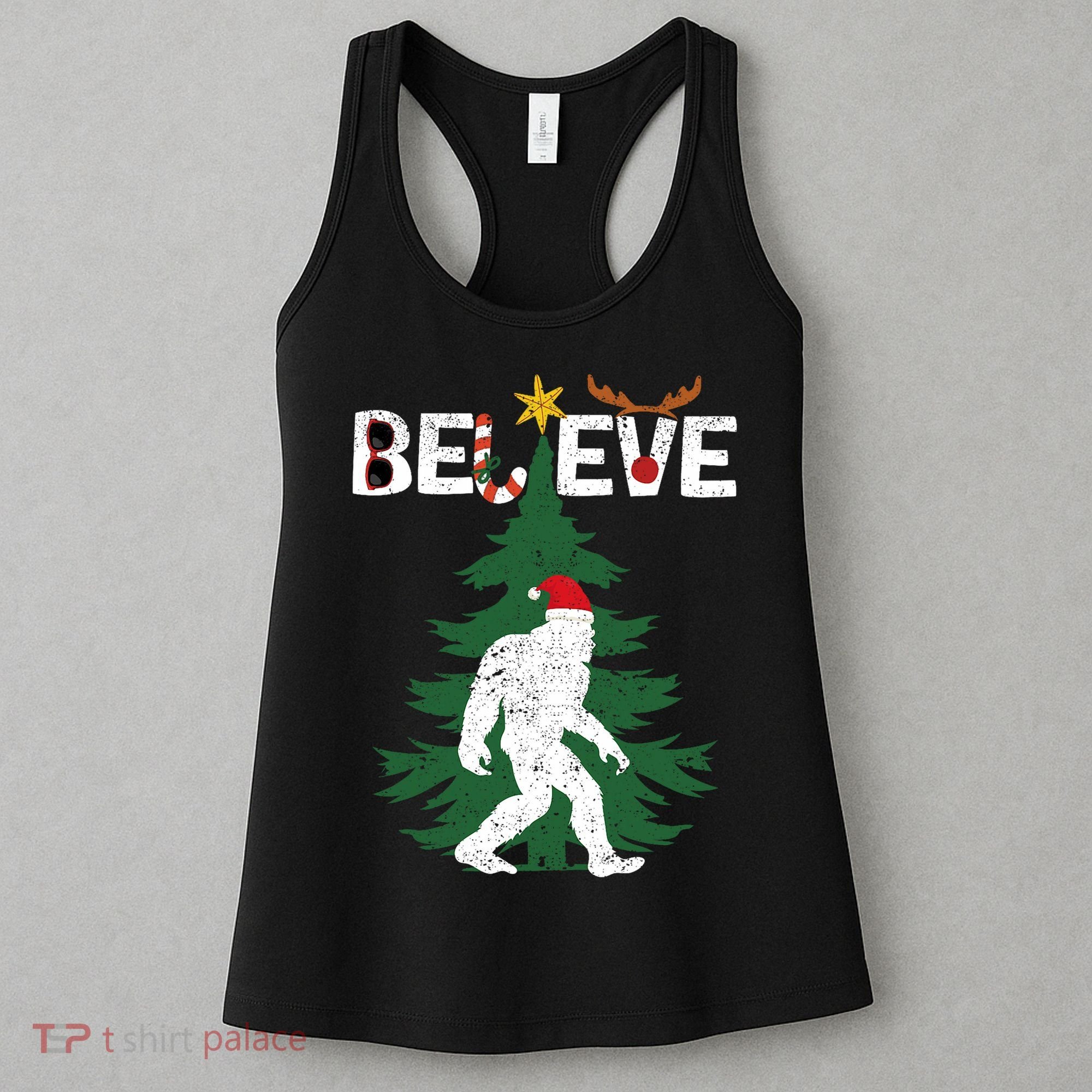 Believe Bigfoot Sasquatch Yeti Santa Hat Christmas Pajamas Women's Tank Top