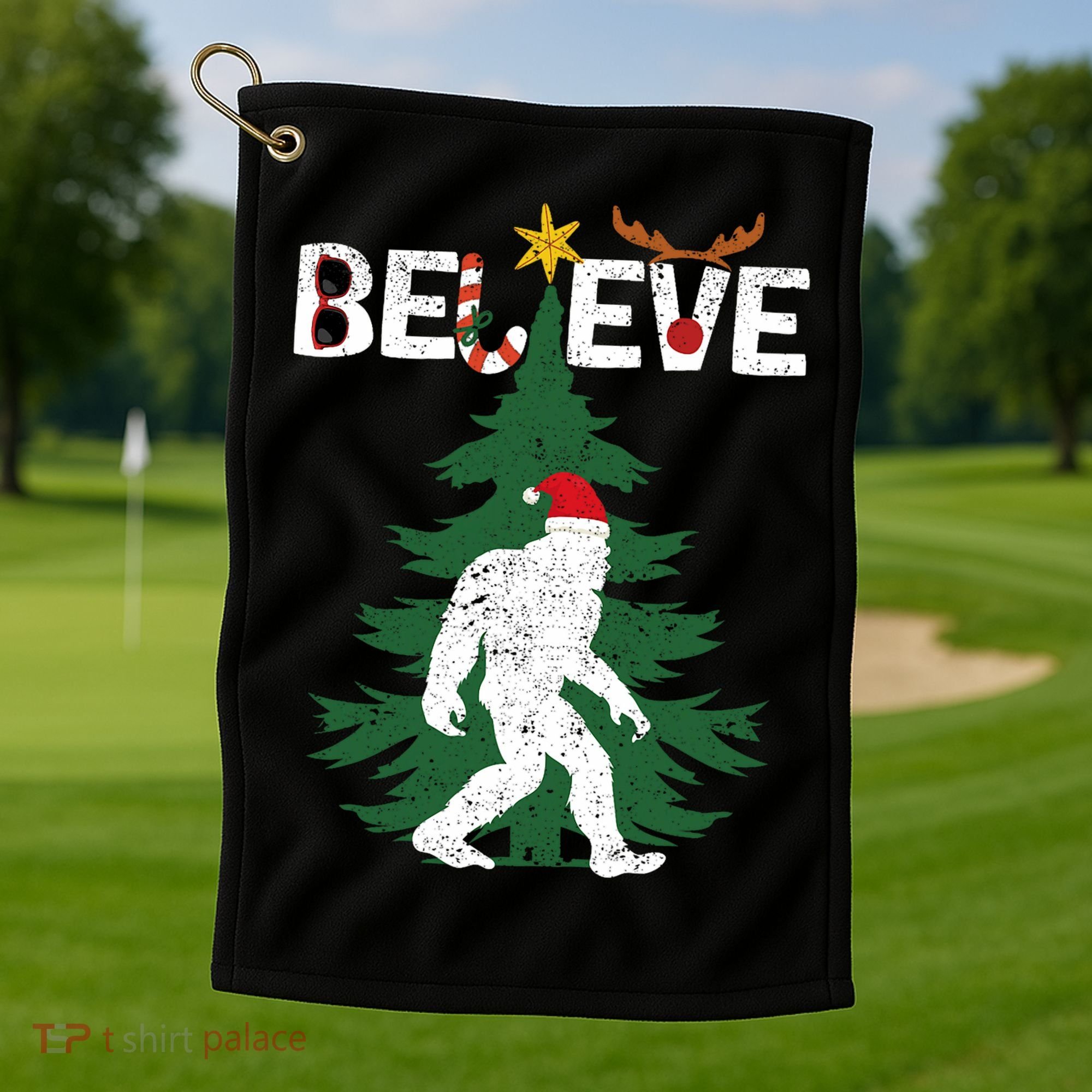 Believe Bigfoot Sasquatch Yeti Santa Hat Christmas Pajamas Golf Towel
