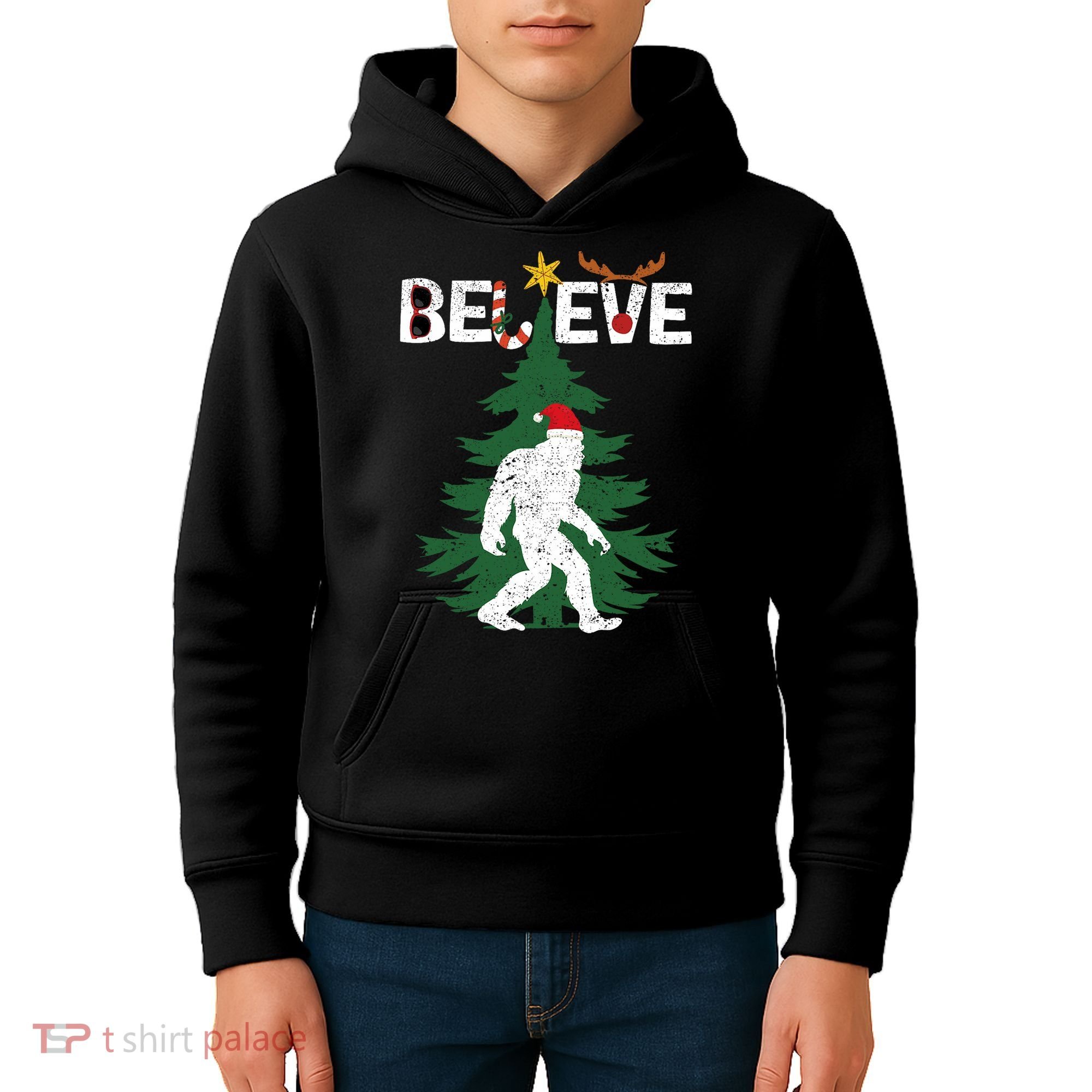 Believe Bigfoot Sasquatch Yeti Santa Hat Christmas Pajamas Kids Hoodie