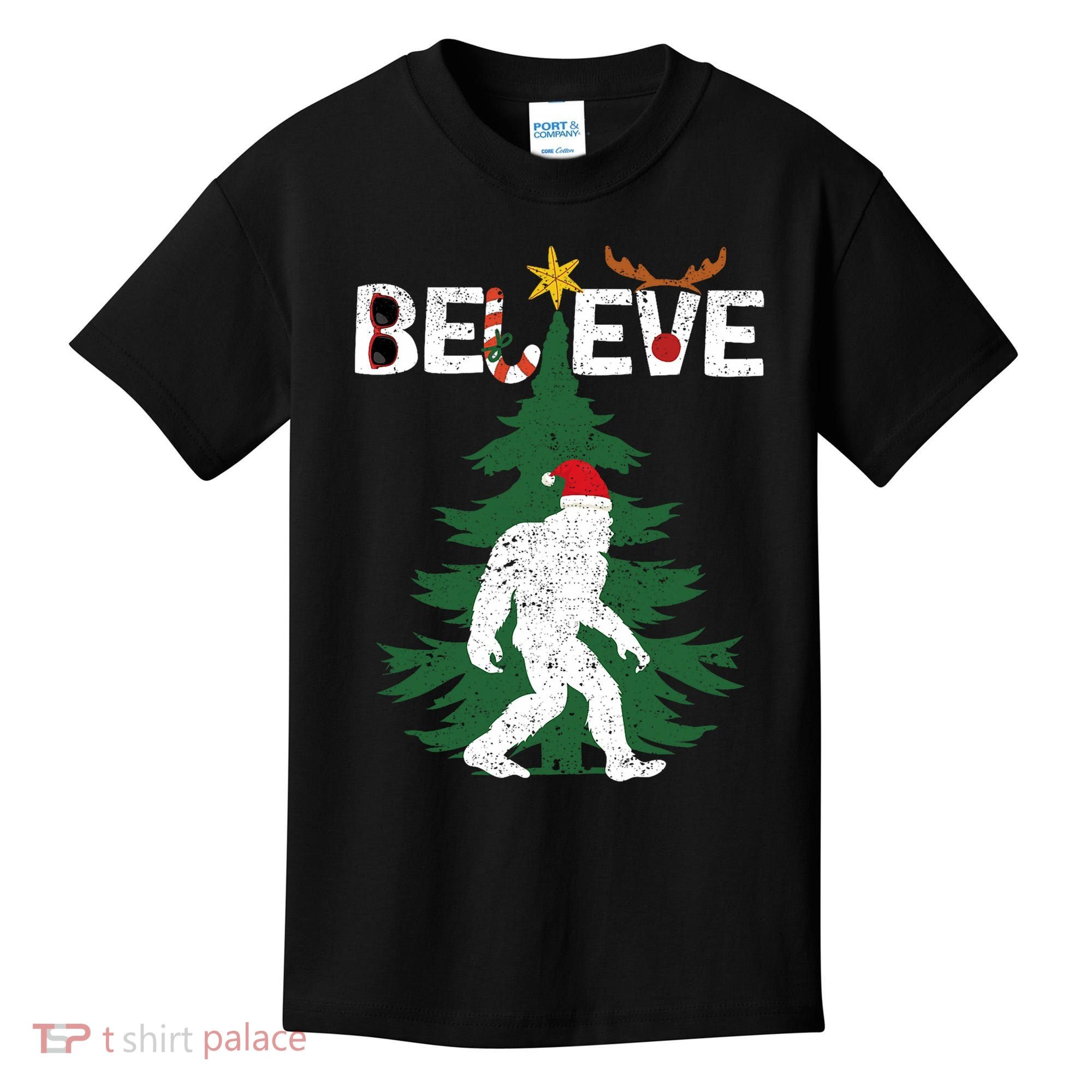 Believe Bigfoot Sasquatch Yeti Santa Hat Christmas Pajamas Kids T-Shirt