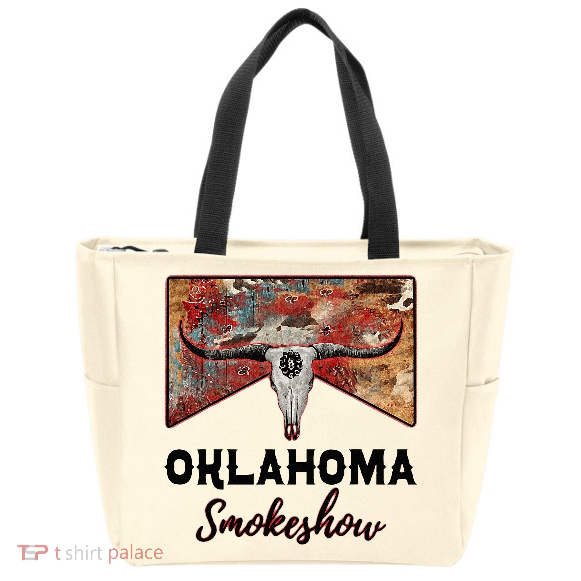 Boho Bull Skull Cow Print Oklahoma Smokeshow Western Country Tote Bag