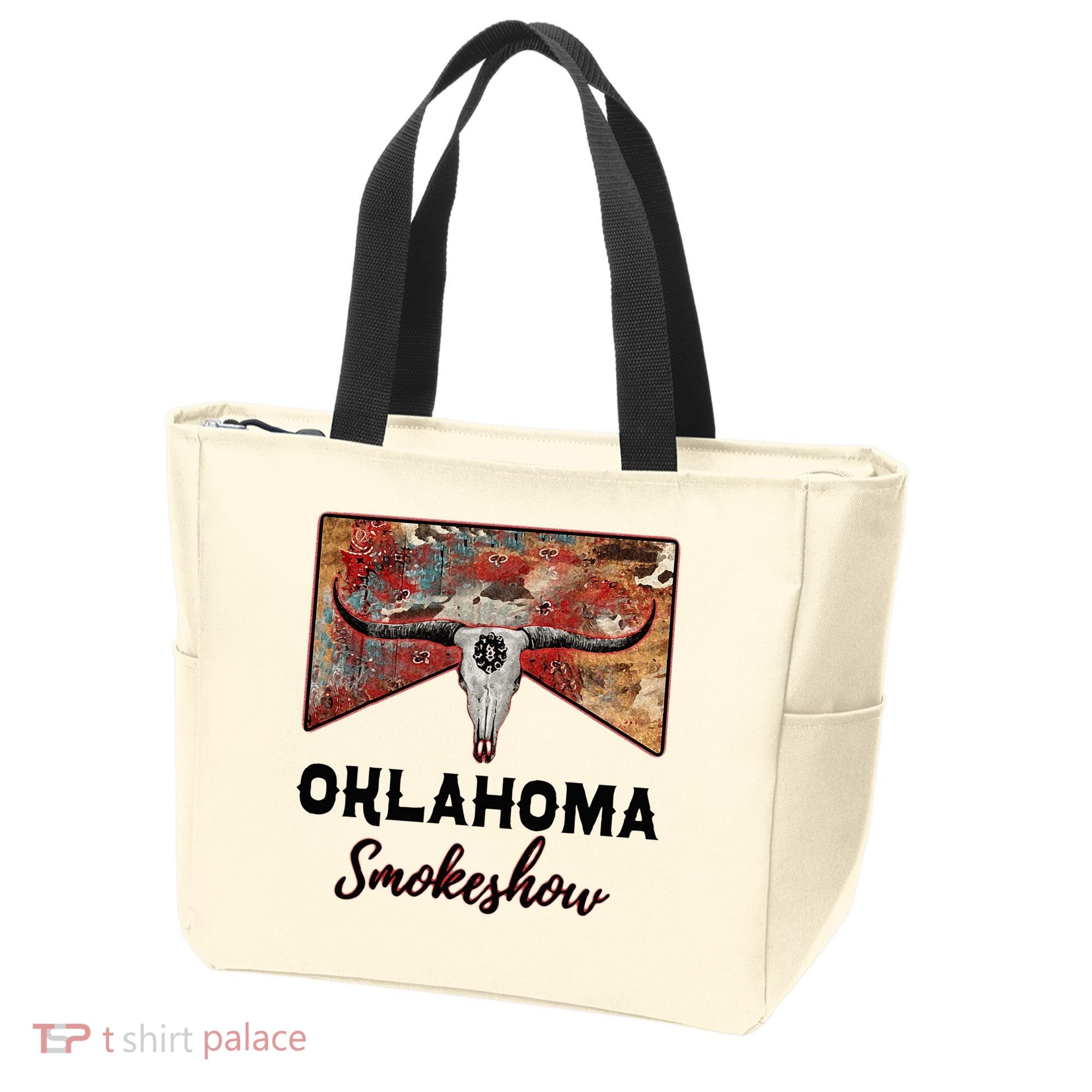 Boho Bull Skull Cow Print Oklahoma Smokeshow Western Country Tote Bag