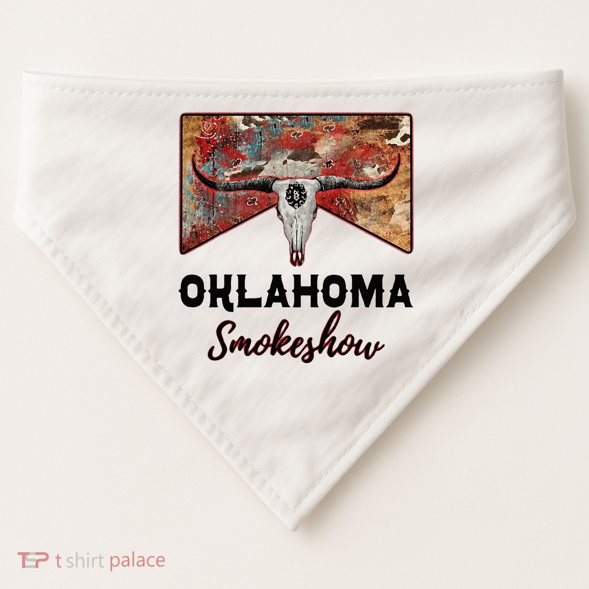 Boho Bull Skull Cow Print Oklahoma Smokeshow Western Country USA-Made Doggie Bandana