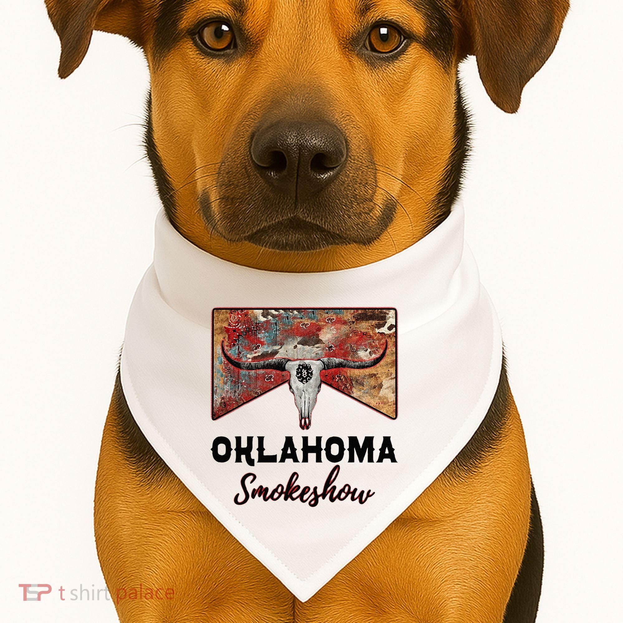 Boho Bull Skull Cow Print Oklahoma Smokeshow Western Country USA-Made Doggie Bandana