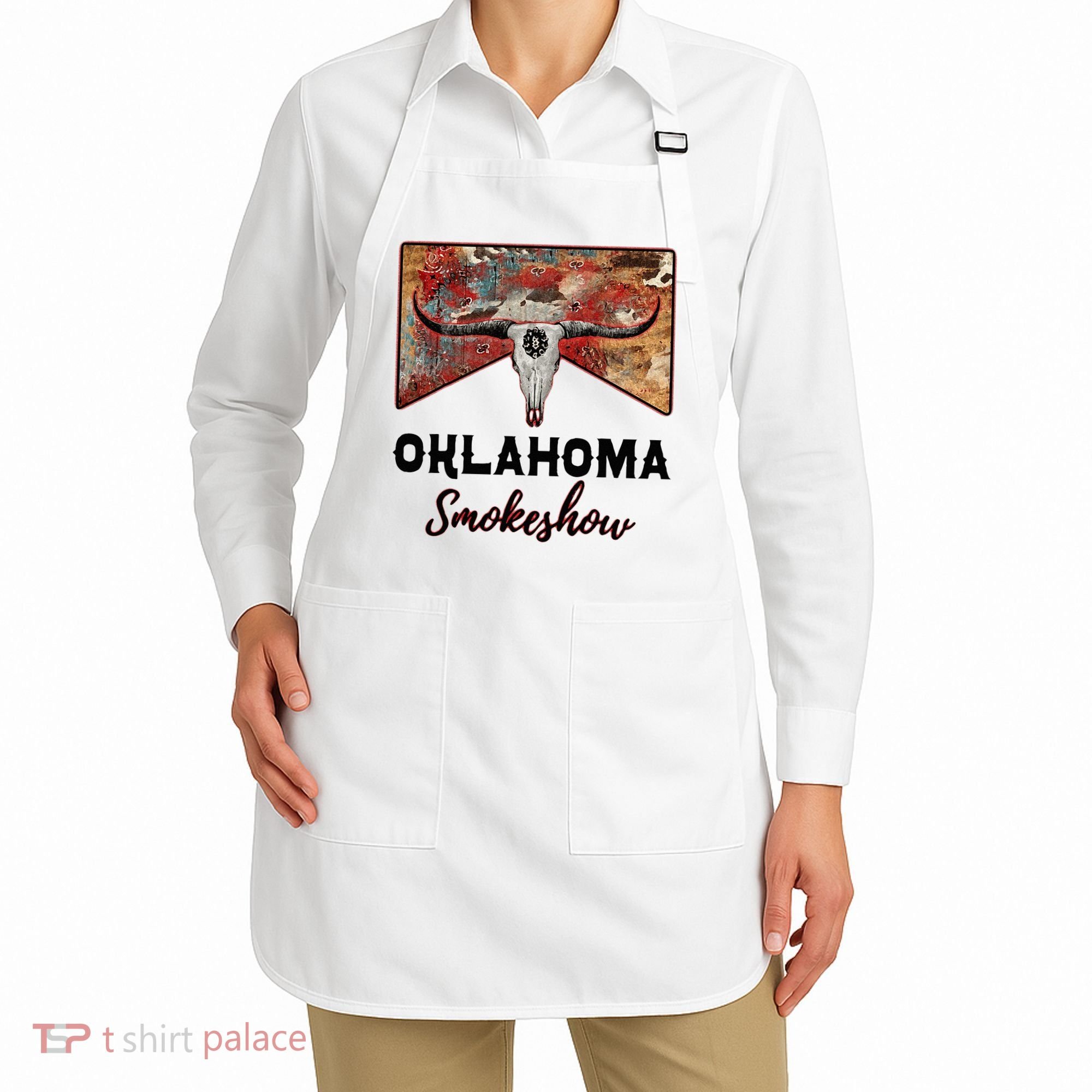 Boho Bull Skull Cow Print Oklahoma Smokeshow Western Country Apron