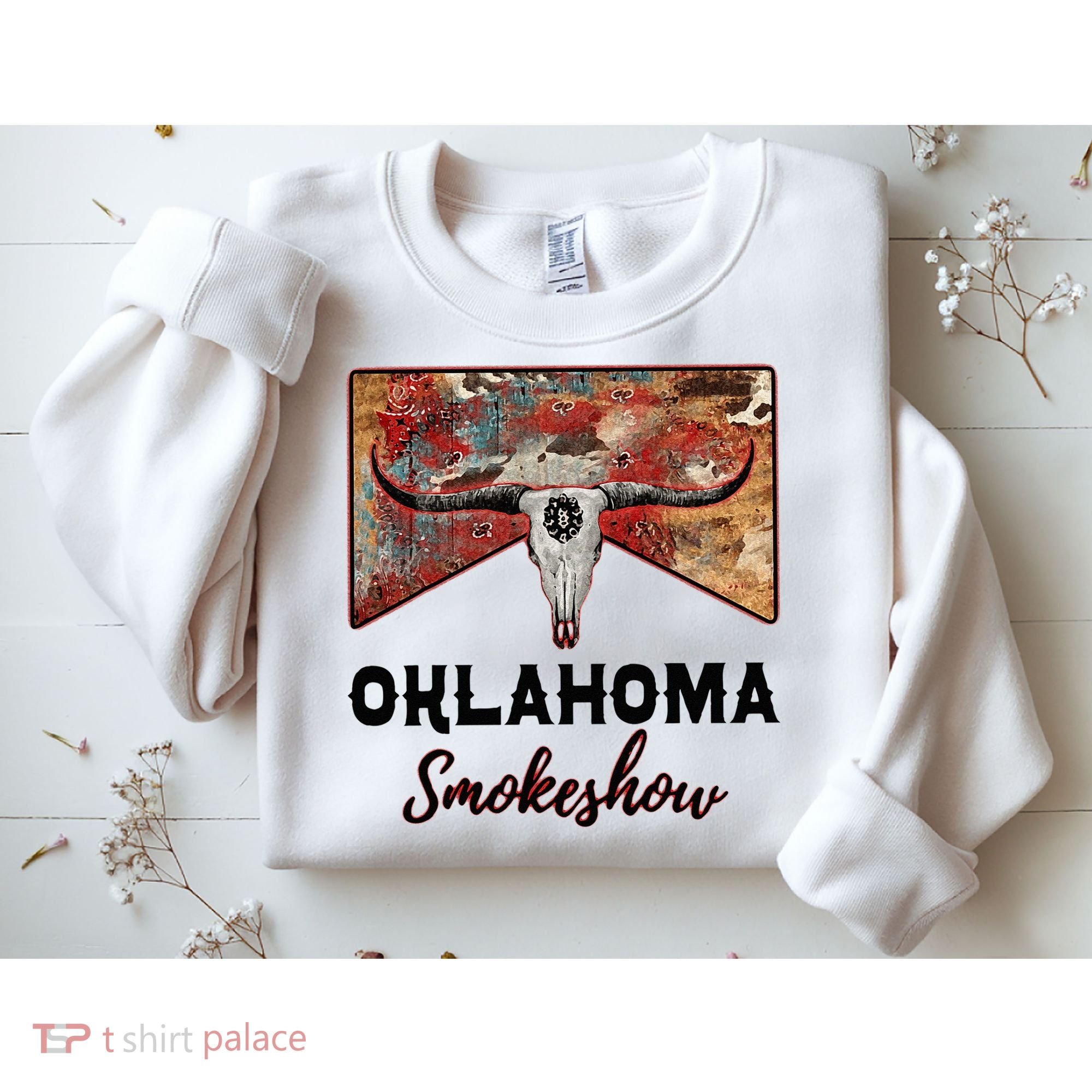 Boho Bull Skull Cow Print Oklahoma Smokeshow Western Country Sweatshirt