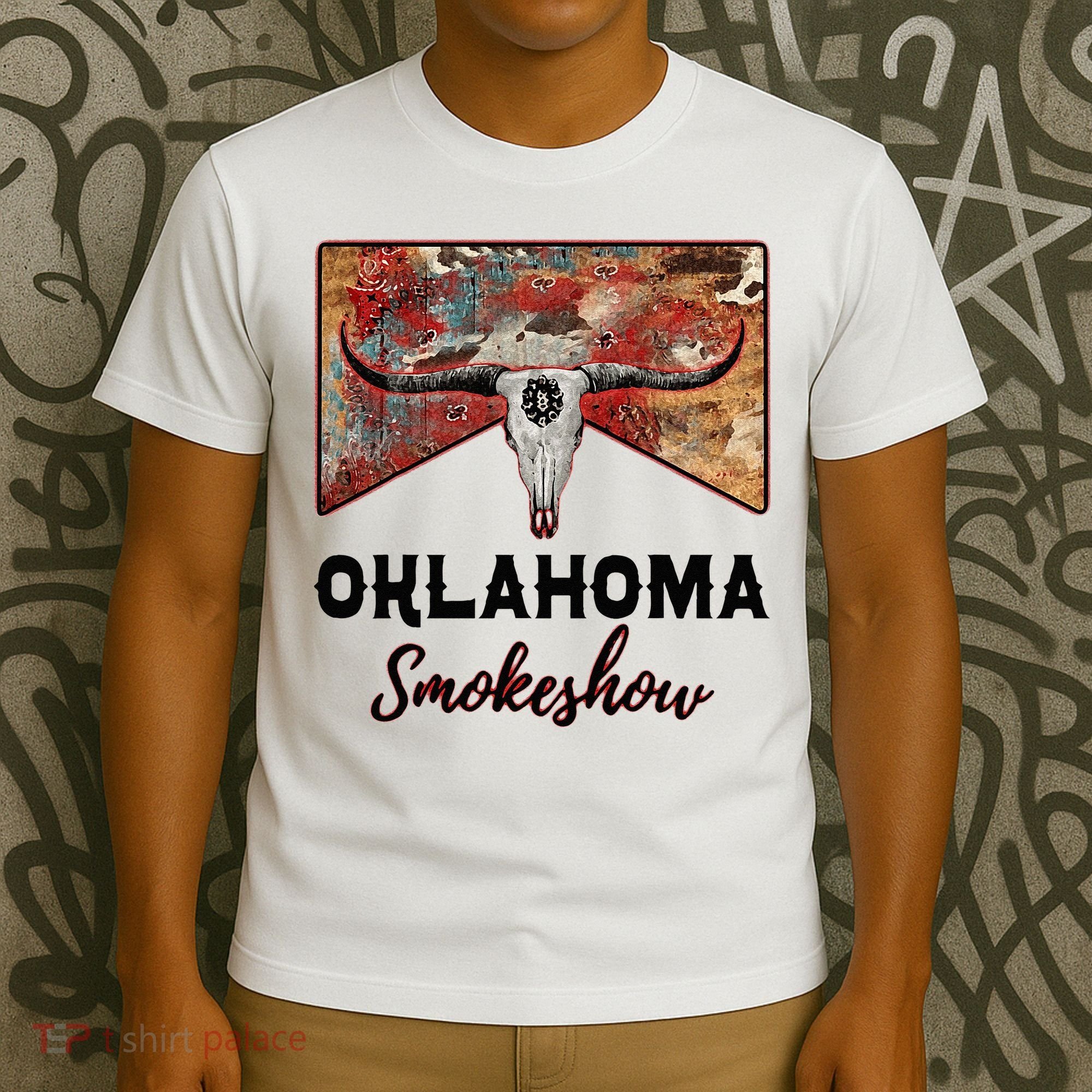 Boho Bull Skull Cow Print Oklahoma Smokeshow Western Country T-Shirt