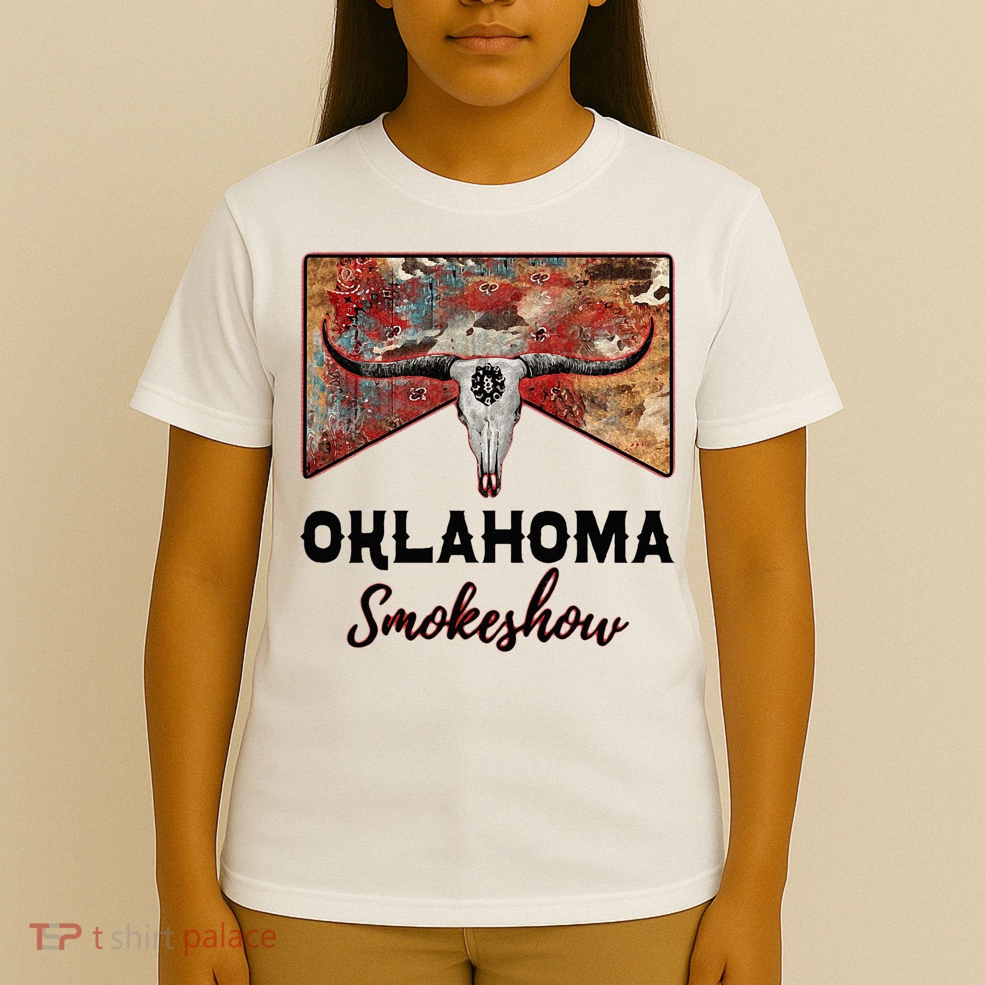 Boho Bull Skull Cow Print Oklahoma Smokeshow Western Country T-Shirt