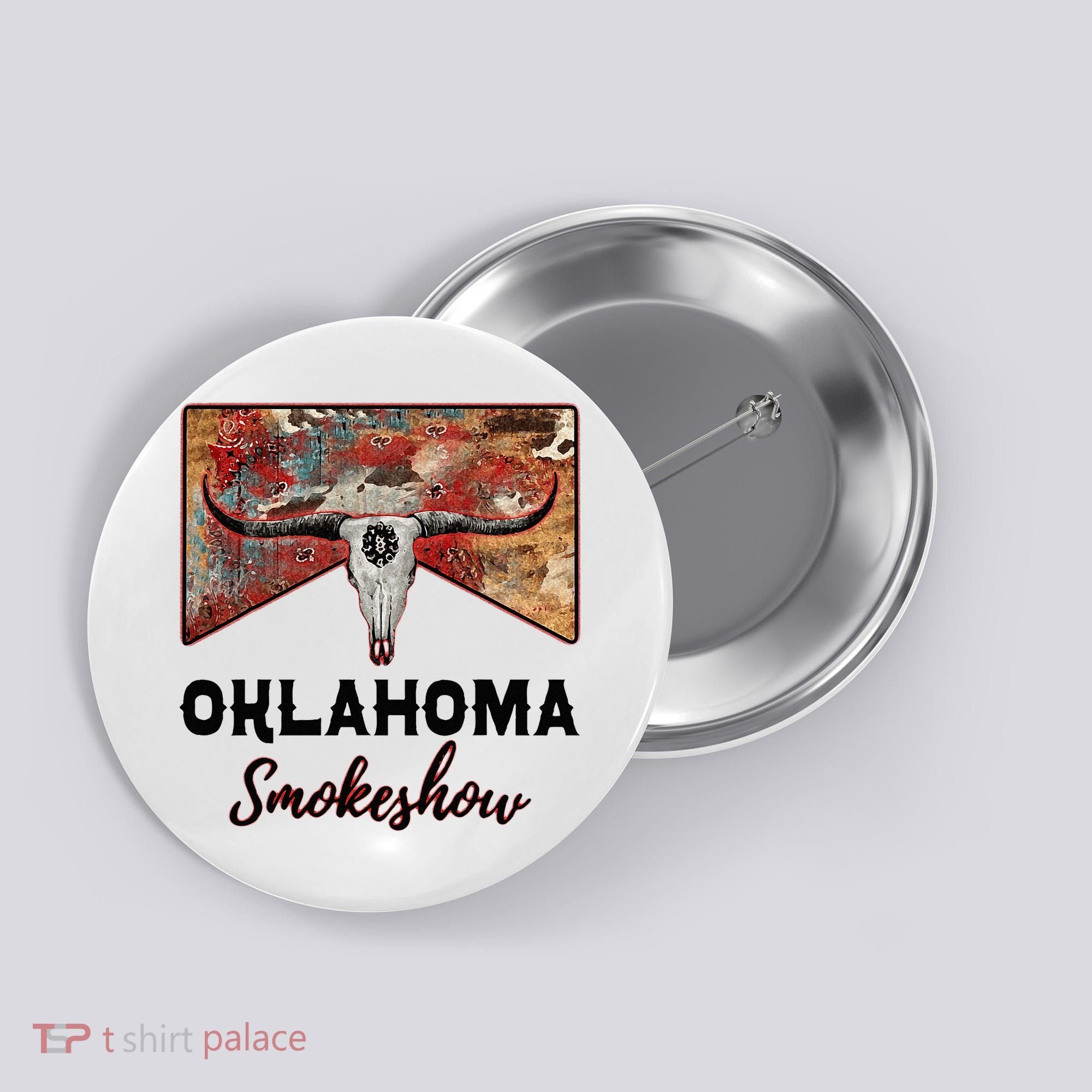 Boho Bull Skull Cow Print Oklahoma Smokeshow Western Country Button