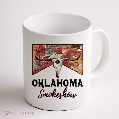 Boho Bull Skull Cow Print Oklahoma Smokeshow Western Country Coffee Mug back