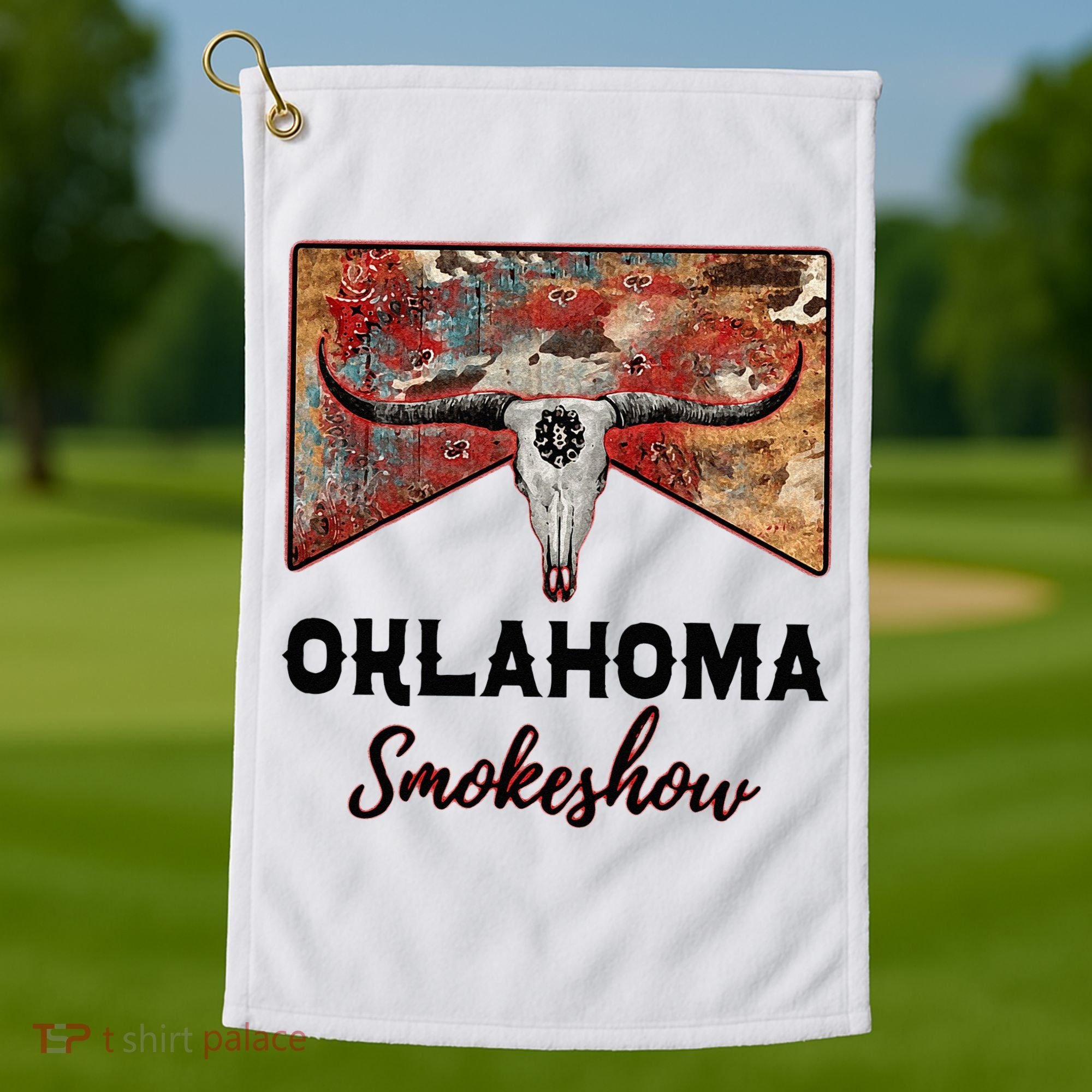 Boho Bull Skull Cow Print Oklahoma Smokeshow Western Country Golf Towel