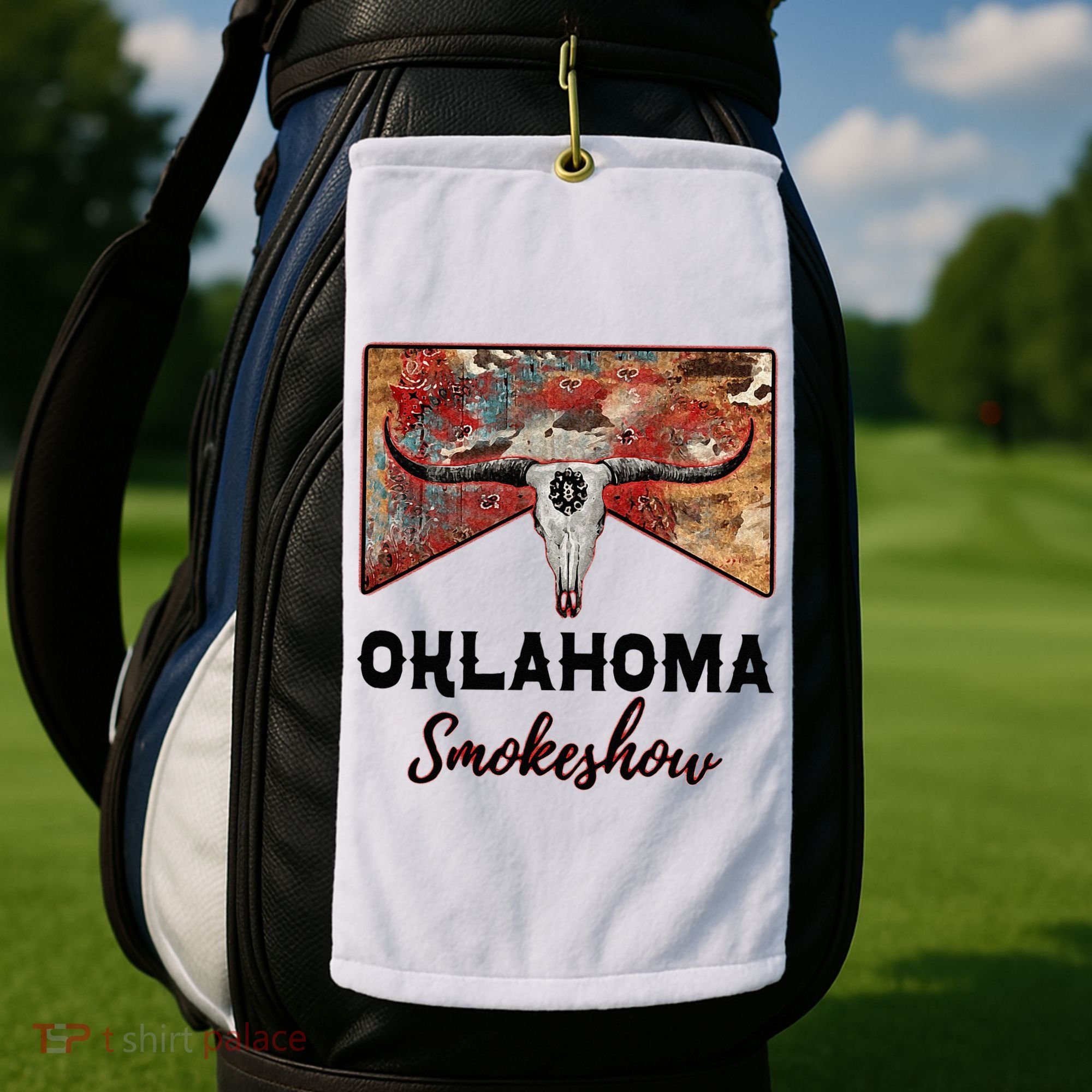 Boho Bull Skull Cow Print Oklahoma Smokeshow Western Country Golf Towel