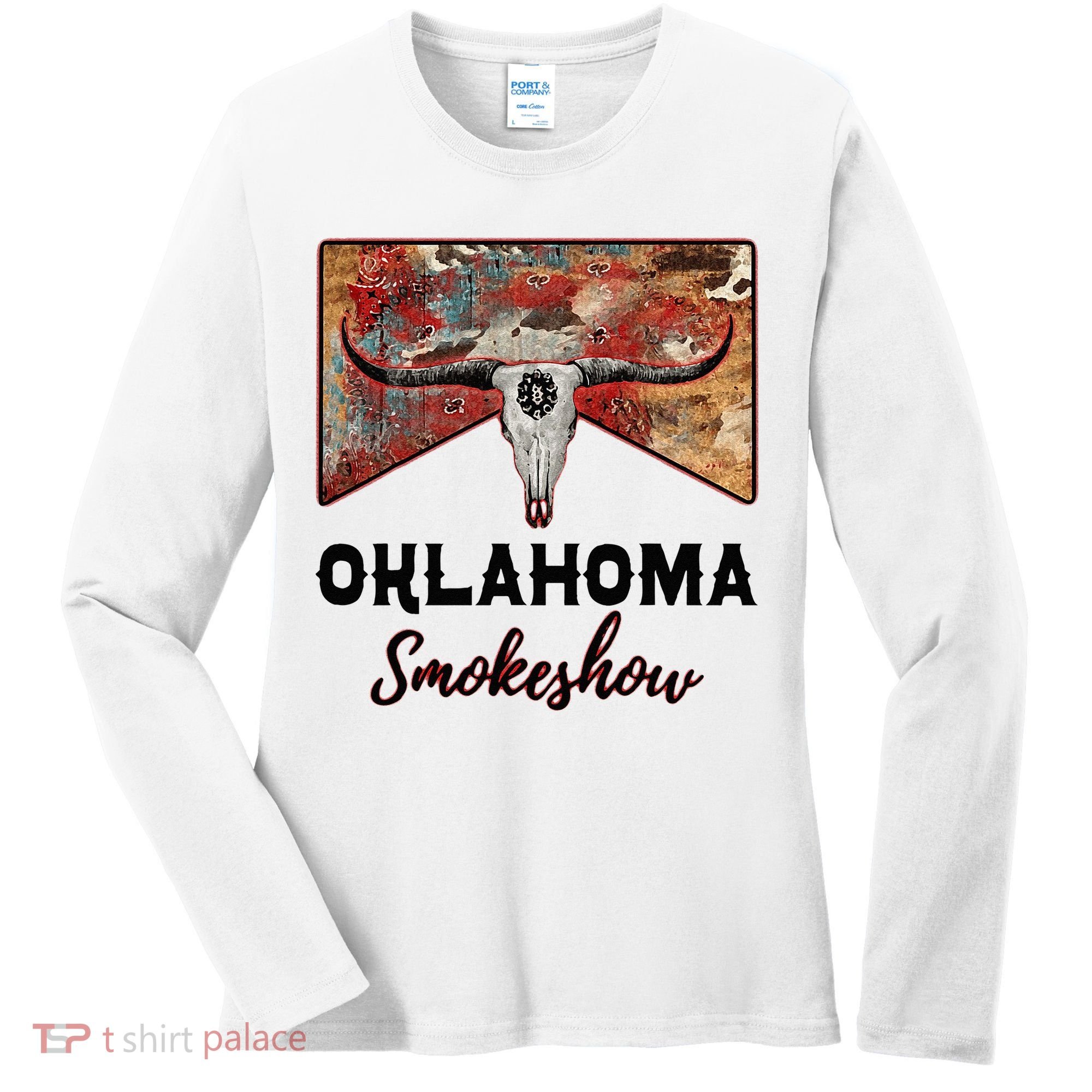 Boho Bull Skull Cow Print Oklahoma Smokeshow Western Country Women's Long Sleeve Shirt