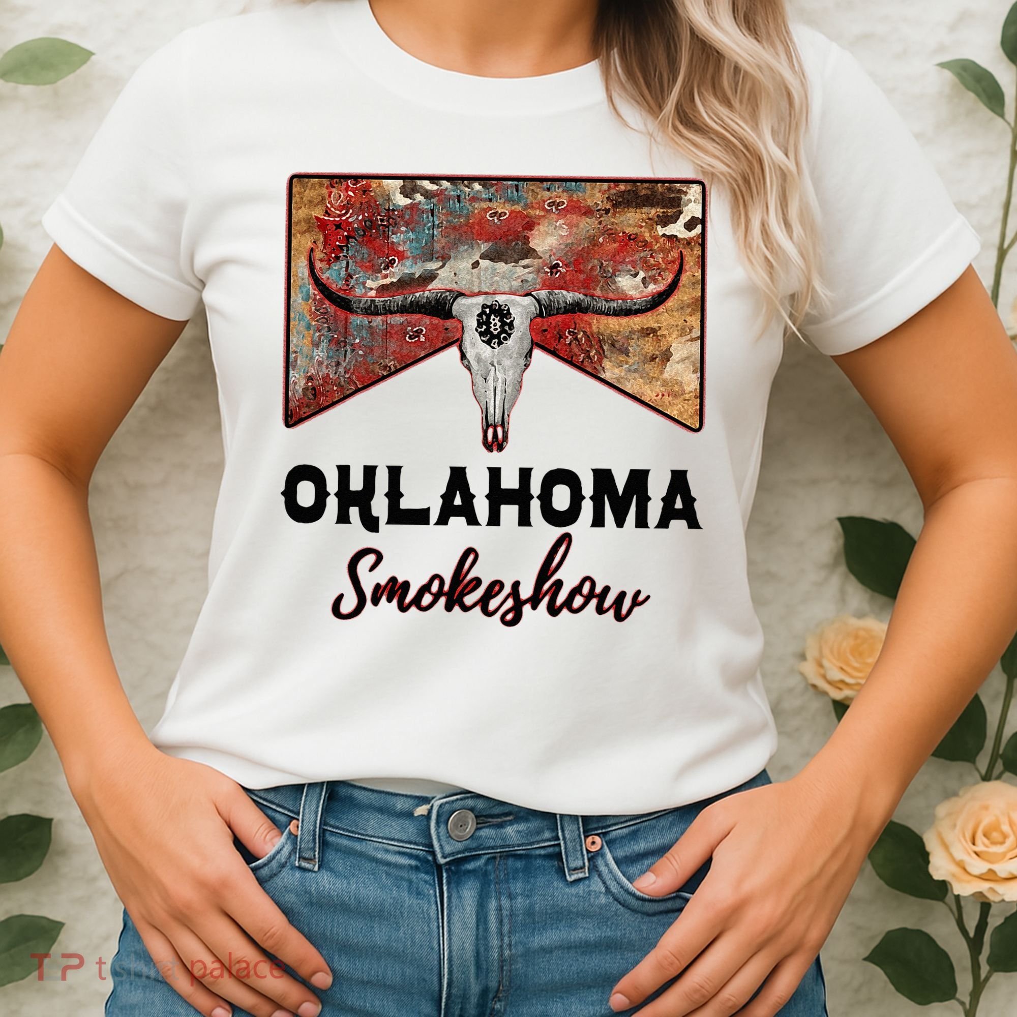 Boho Bull Skull Cow Print Oklahoma Smokeshow Western Country Women's T-Shirt