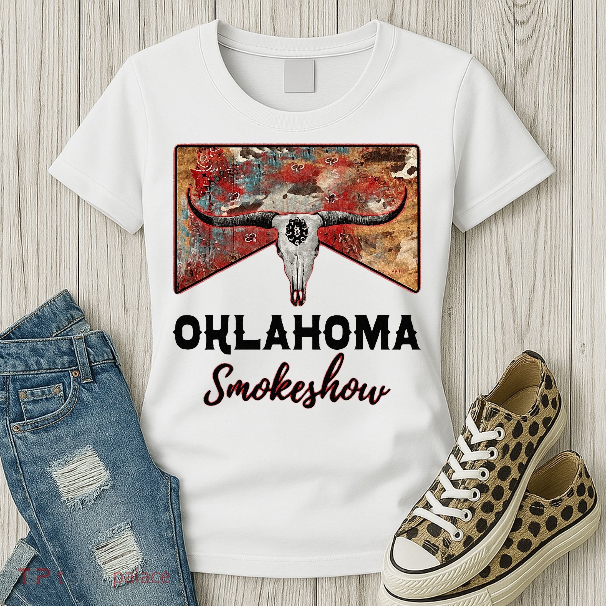 Boho Bull Skull Cow Print Oklahoma Smokeshow Western Country Women's T-Shirt