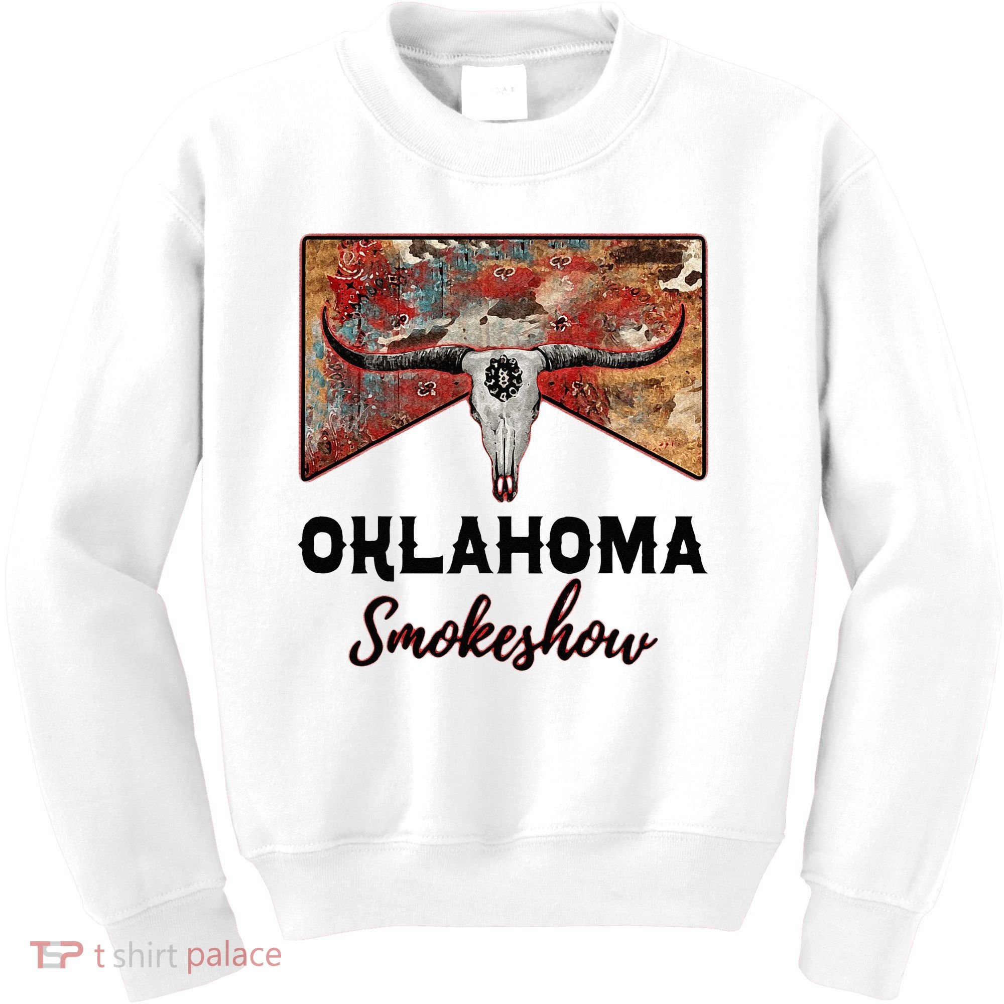 Boho Bull Skull Cow Print Oklahoma Smokeshow Western Country Kids Sweatshirt