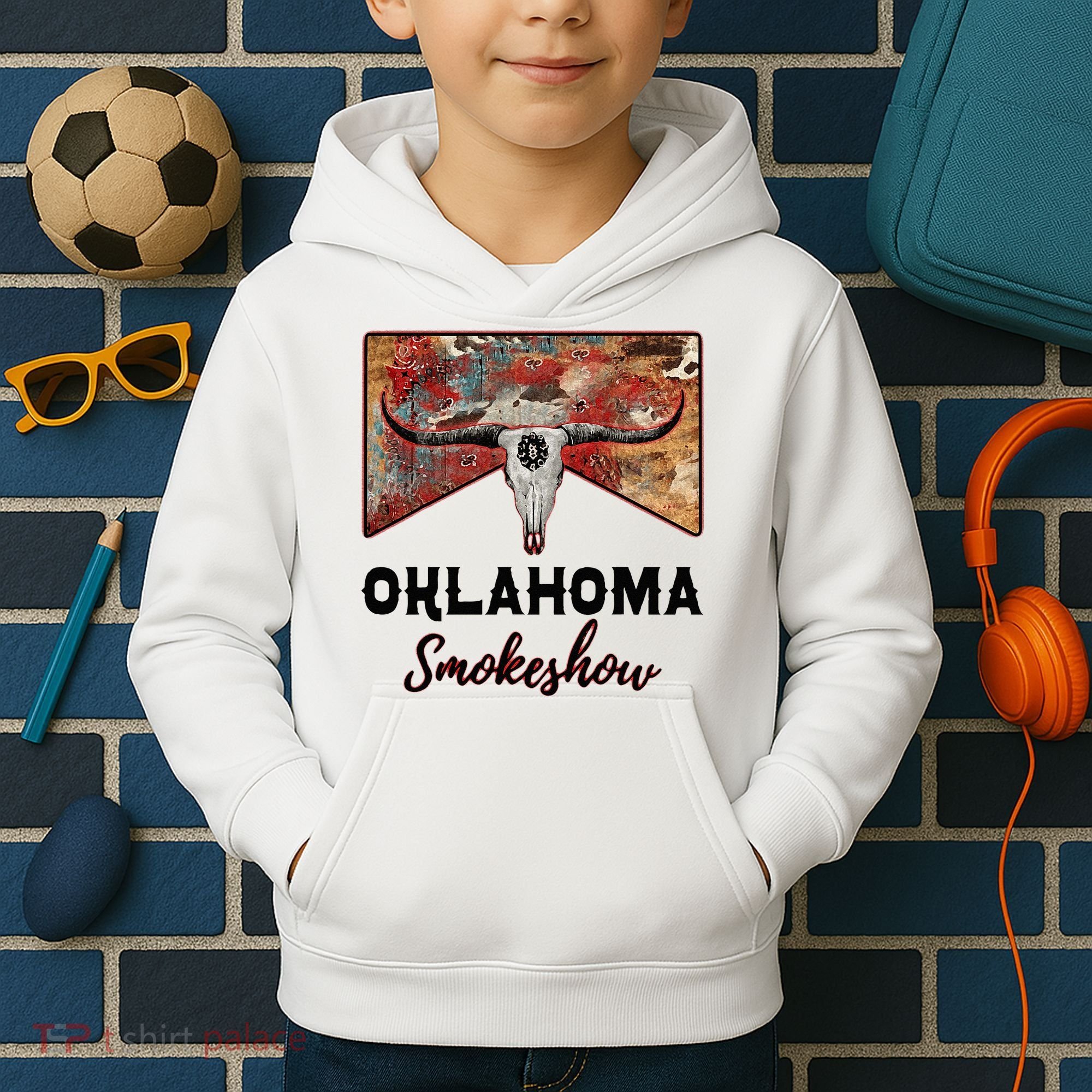Boho Bull Skull Cow Print Oklahoma Smokeshow Western Country Kids Hoodie