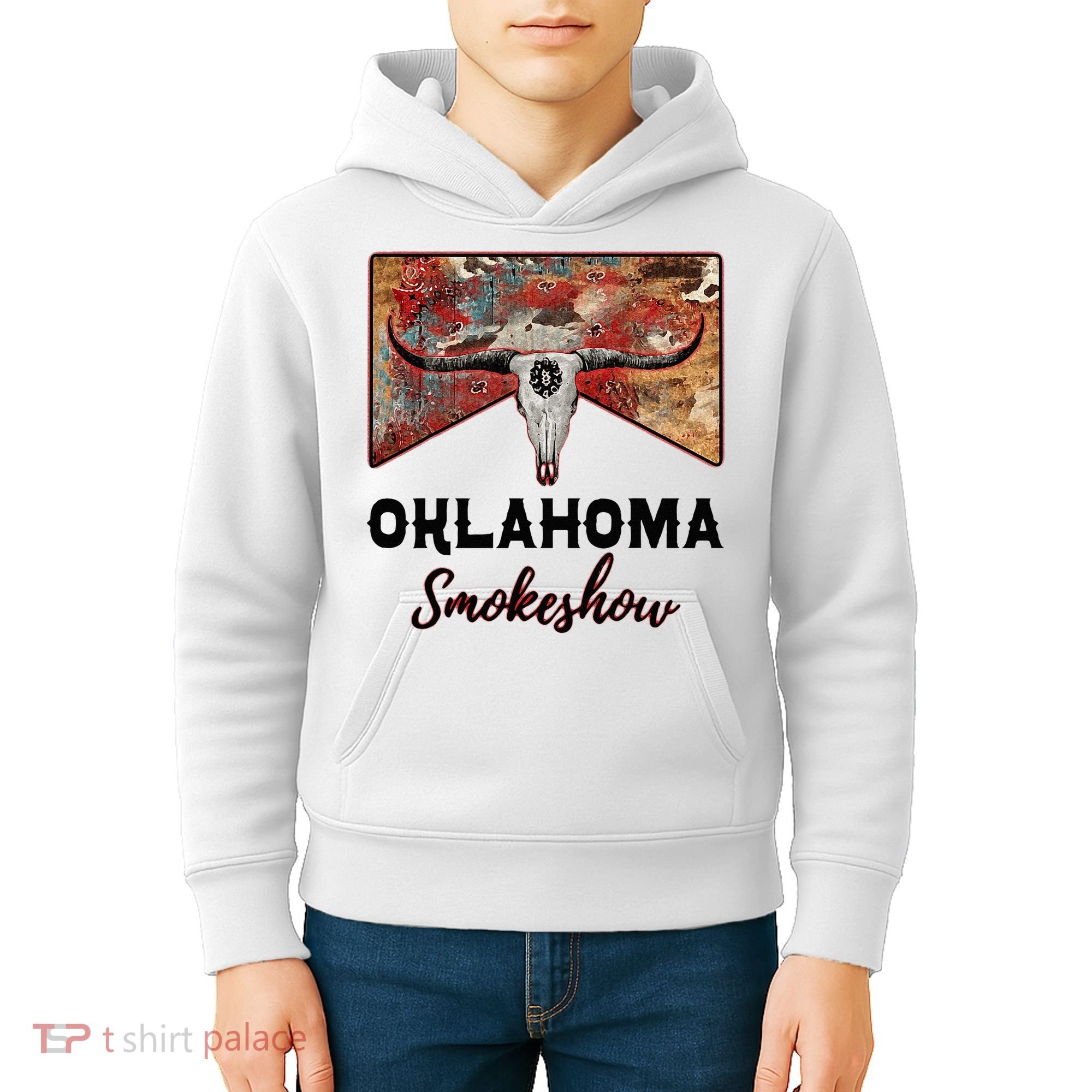 Boho Bull Skull Cow Print Oklahoma Smokeshow Western Country Kids Hoodie