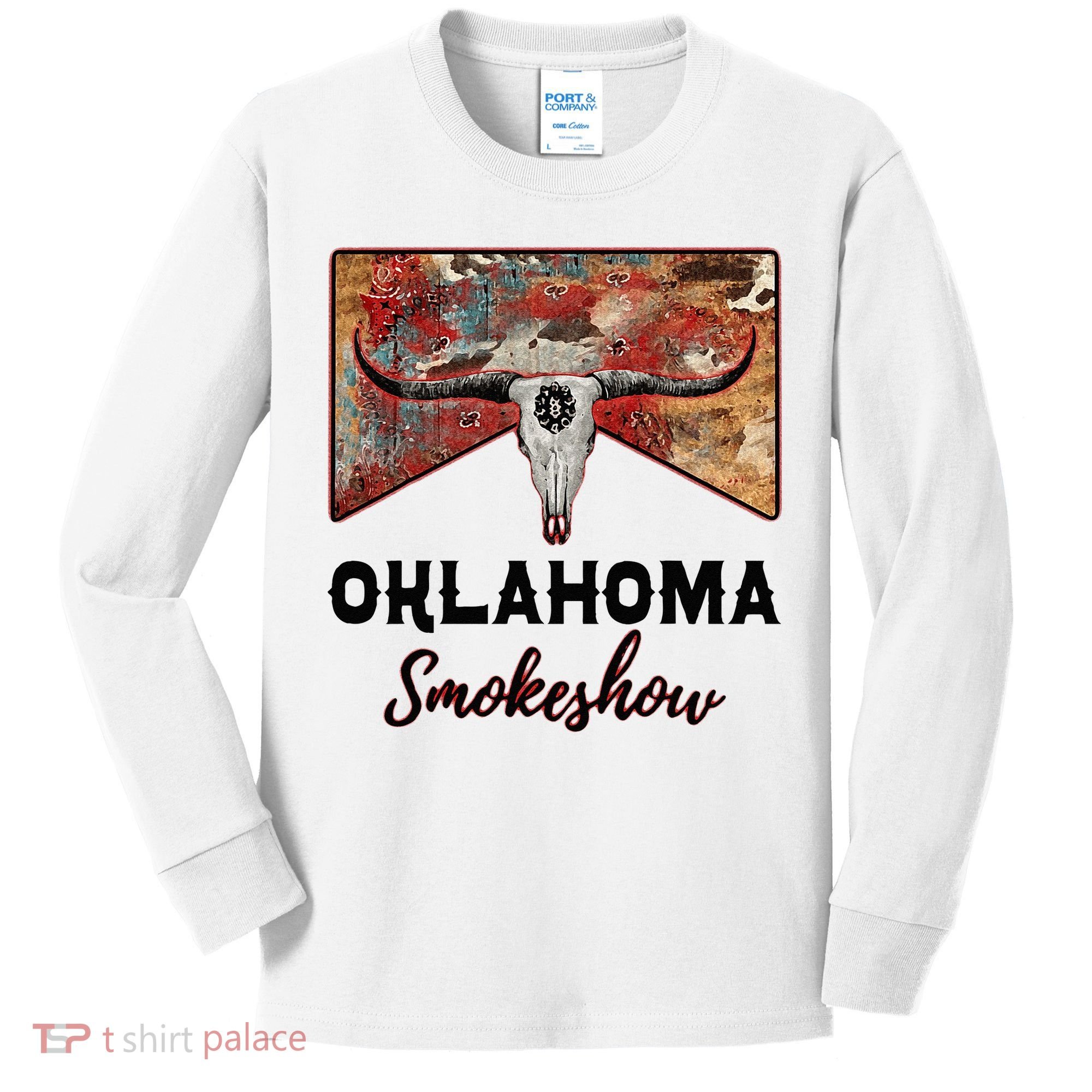 Boho Bull Skull Cow Print Oklahoma Smokeshow Western Country Kids Long Sleeve Shirt