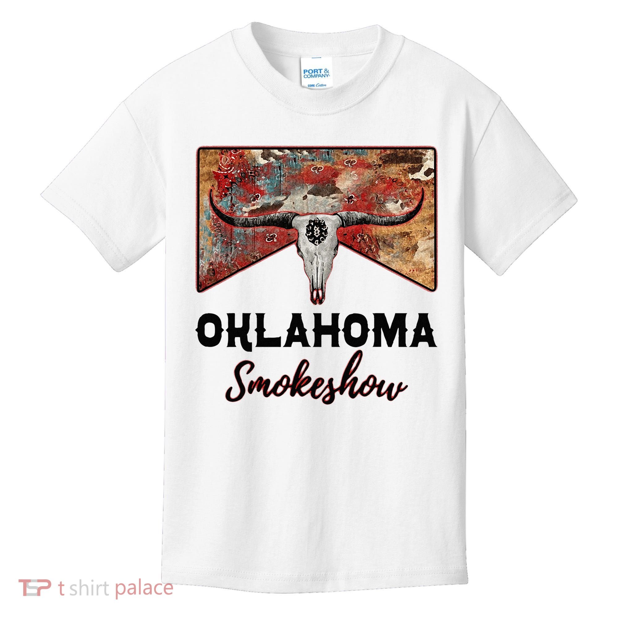 Boho Bull Skull Cow Print Oklahoma Smokeshow Western Country Kids T-Shirt