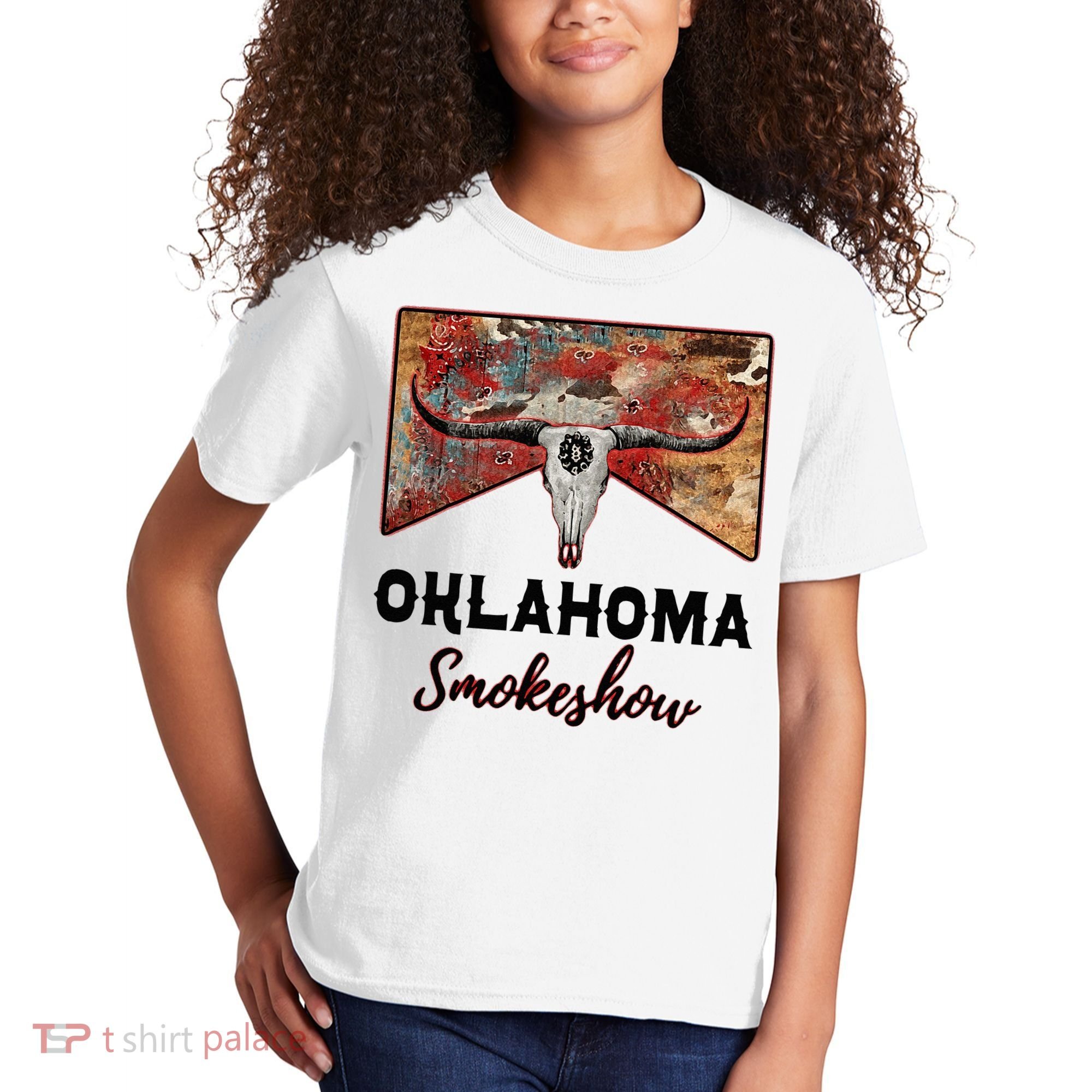 Boho Bull Skull Cow Print Oklahoma Smokeshow Western Country Kids T-Shirt