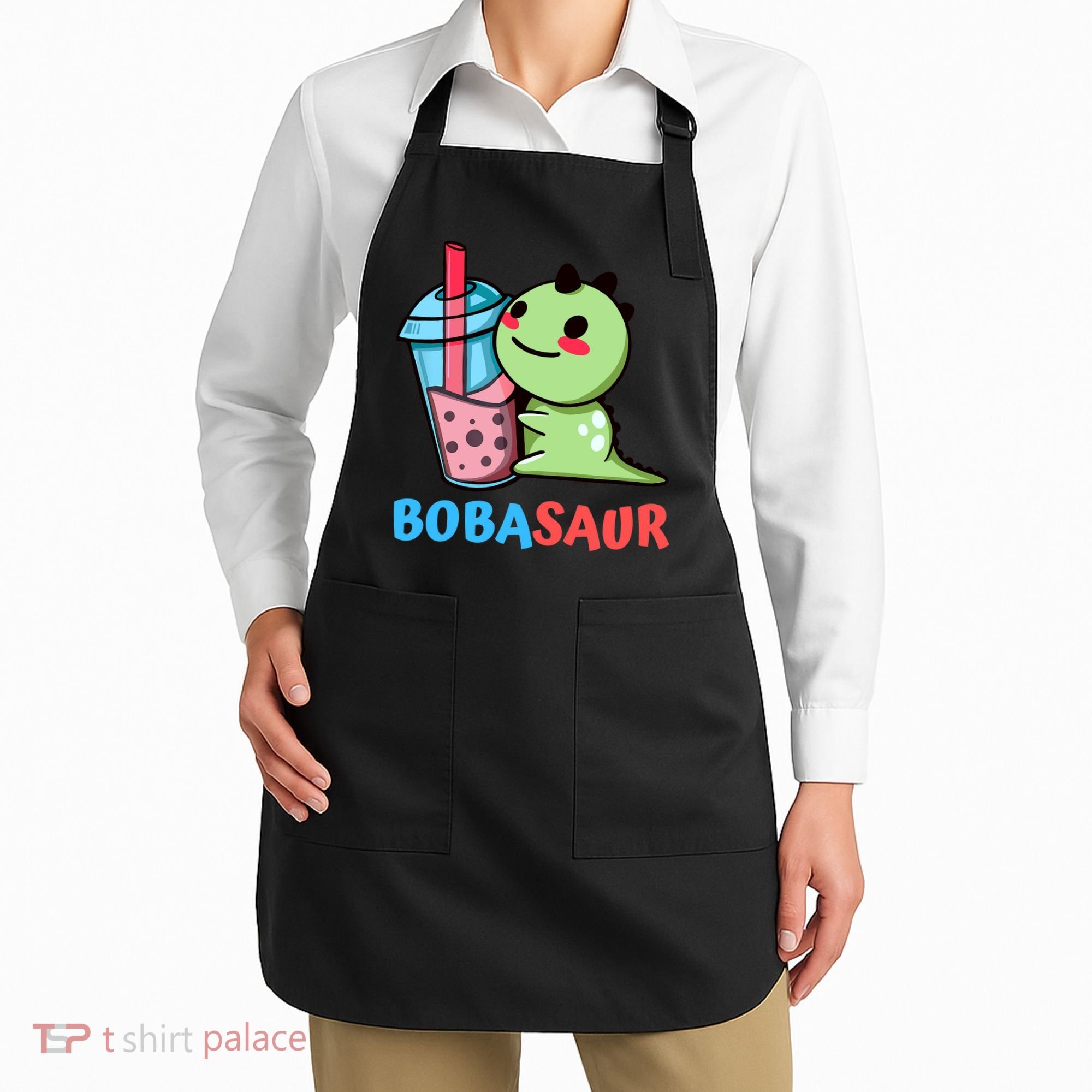 Bobasaur Bubble Tea Boba Dinosaur Kawaii Cute Dino Pun Apron