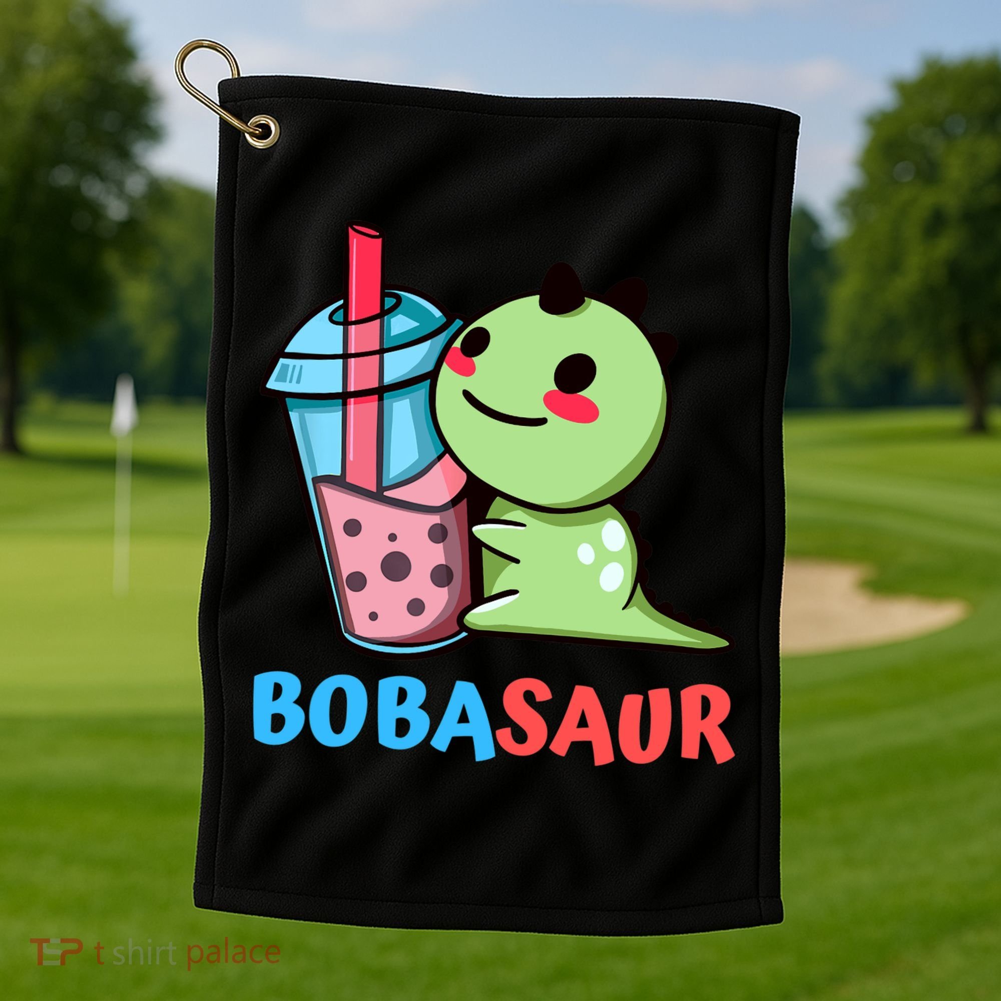 Bobasaur Bubble Tea Boba Dinosaur Kawaii Cute Dino Pun Golf Towel