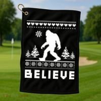 Bigfoot Believe Ugly Christmas Sweater Sasquatch Golf Towel thumb 1