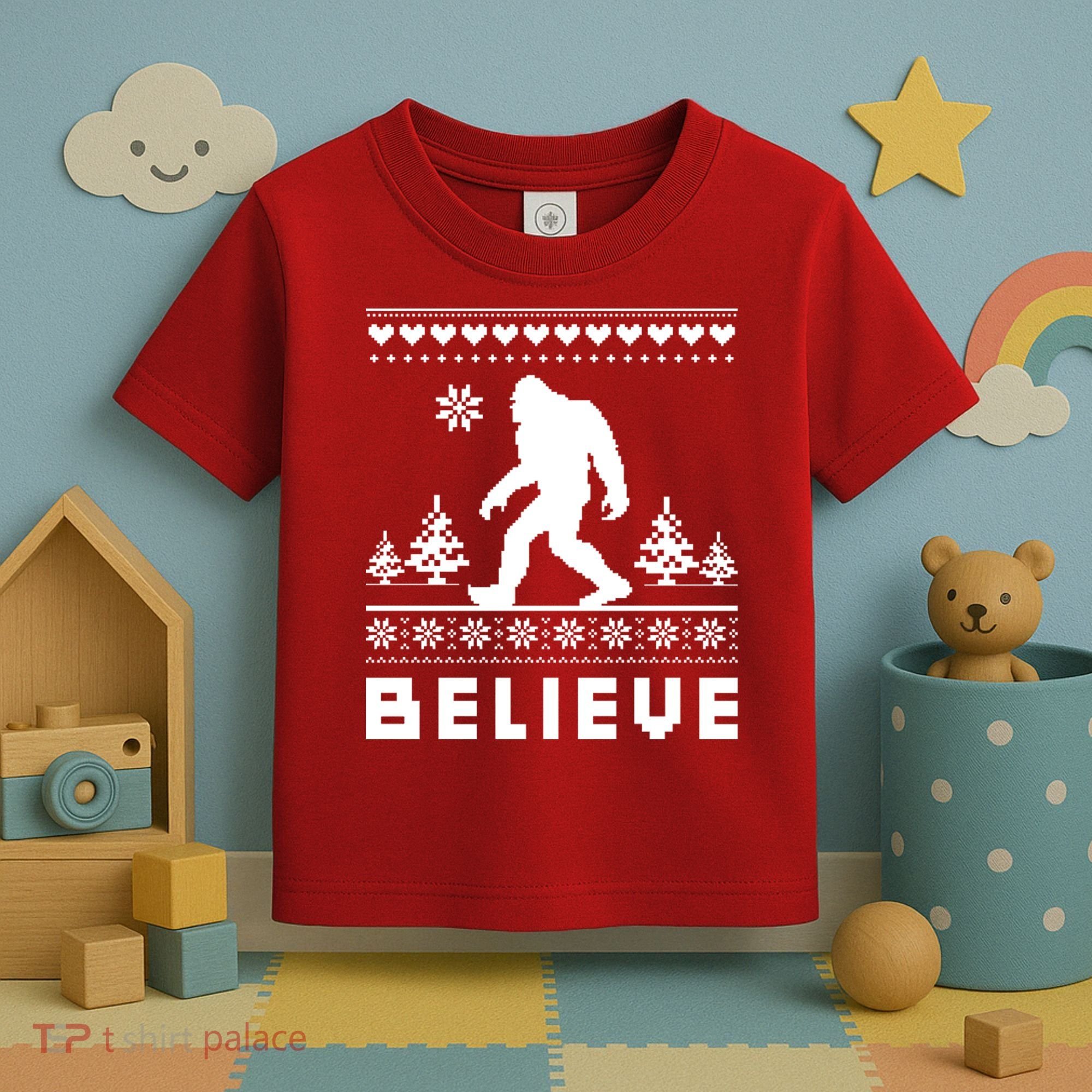 Bigfoot Believe Ugly Christmas Sweater Sasquatch Toddler T-Shirt