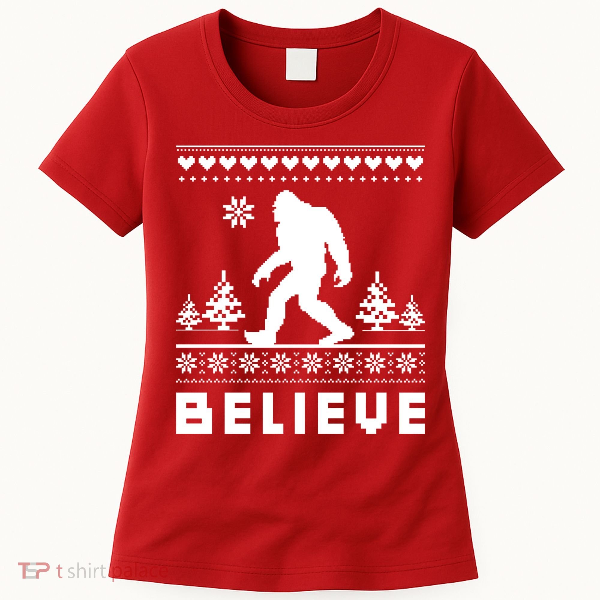 Bigfoot Believe Ugly Christmas Sweater Sasquatch Women's T-Shirt