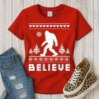 Bigfoot Believe Ugly Christmas Sweater Sasquatch Women's T-Shirt thumb 3