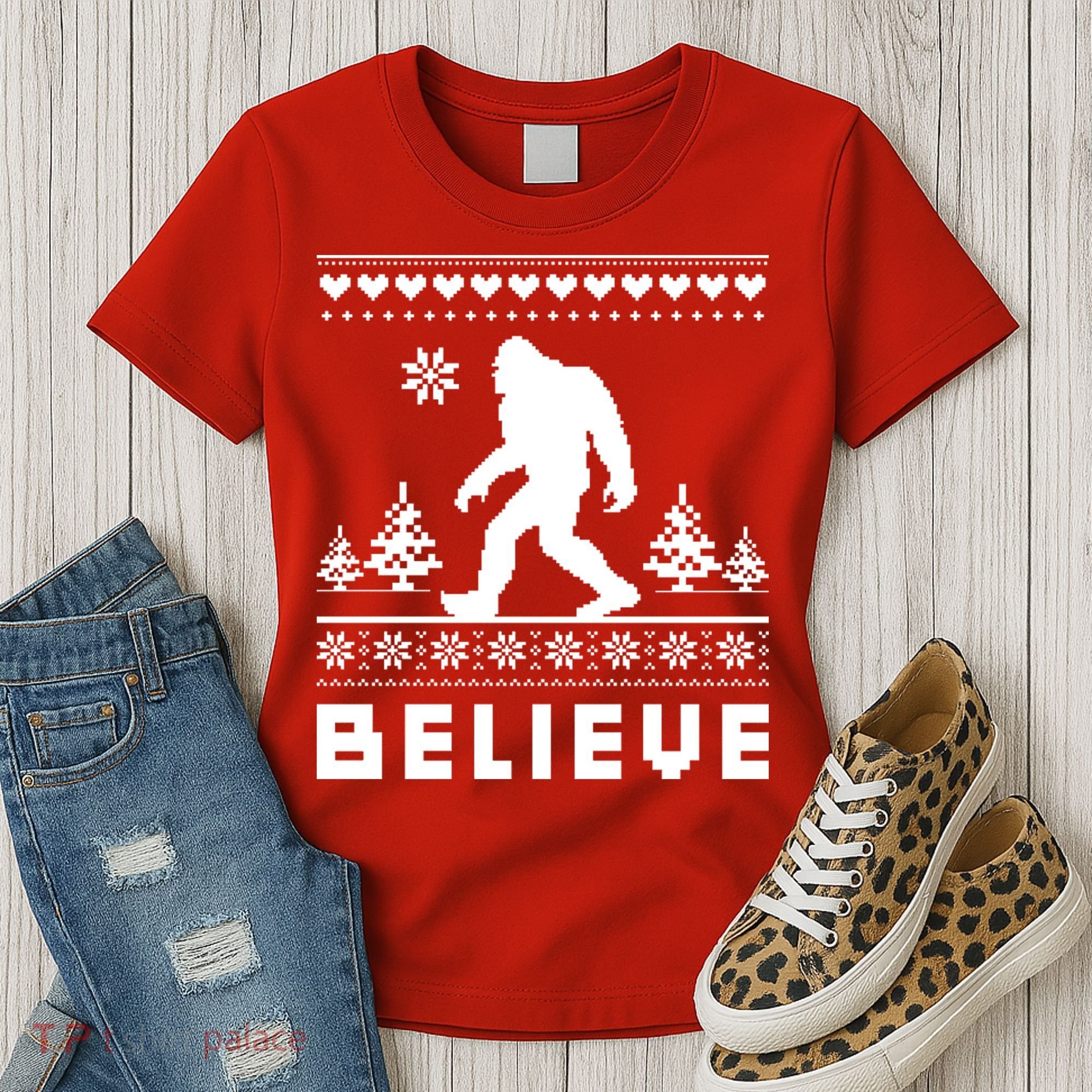 Bigfoot Believe Ugly Christmas Sweater Sasquatch Women's T-Shirt