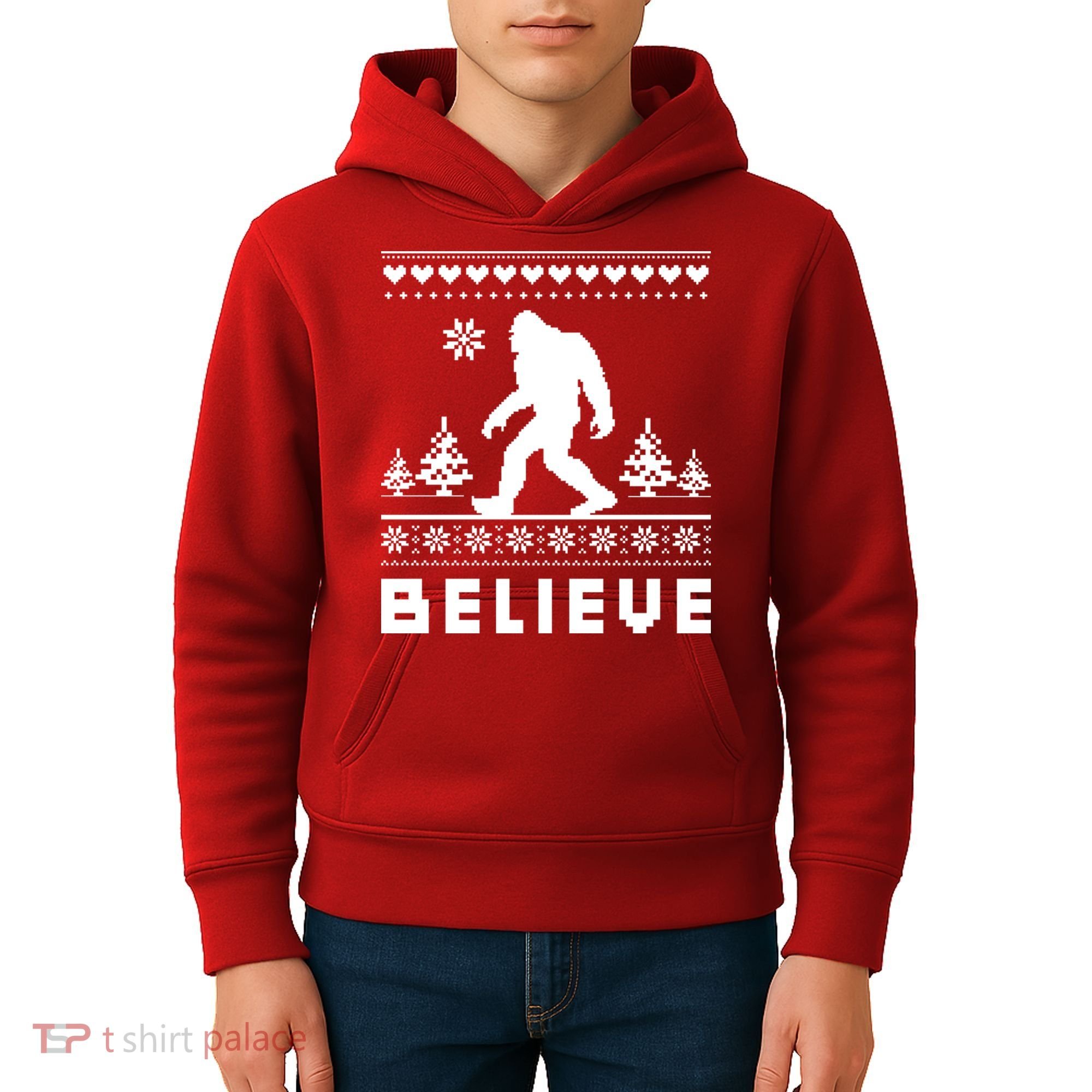Bigfoot Believe Ugly Christmas Sweater Sasquatch Kids Hoodie