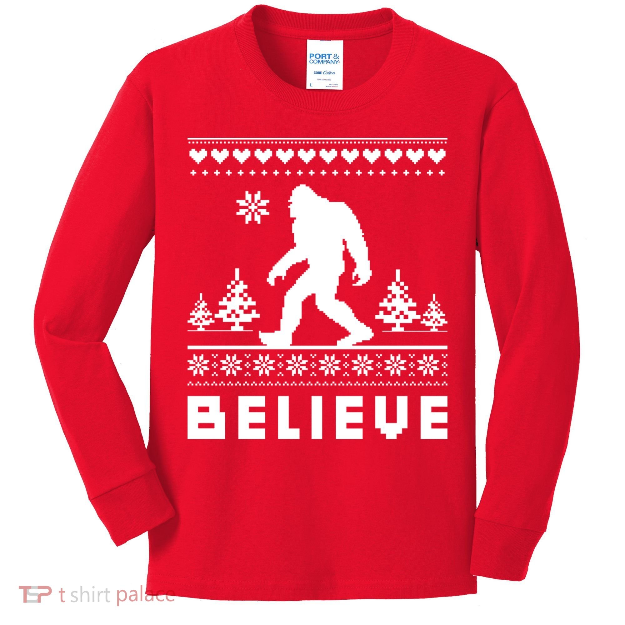 Bigfoot Believe Ugly Christmas Sweater Sasquatch Kids Long Sleeve Shirt