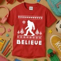 Bigfoot Believe Ugly Christmas Sweater Sasquatch Kids T-Shirt thumb 3