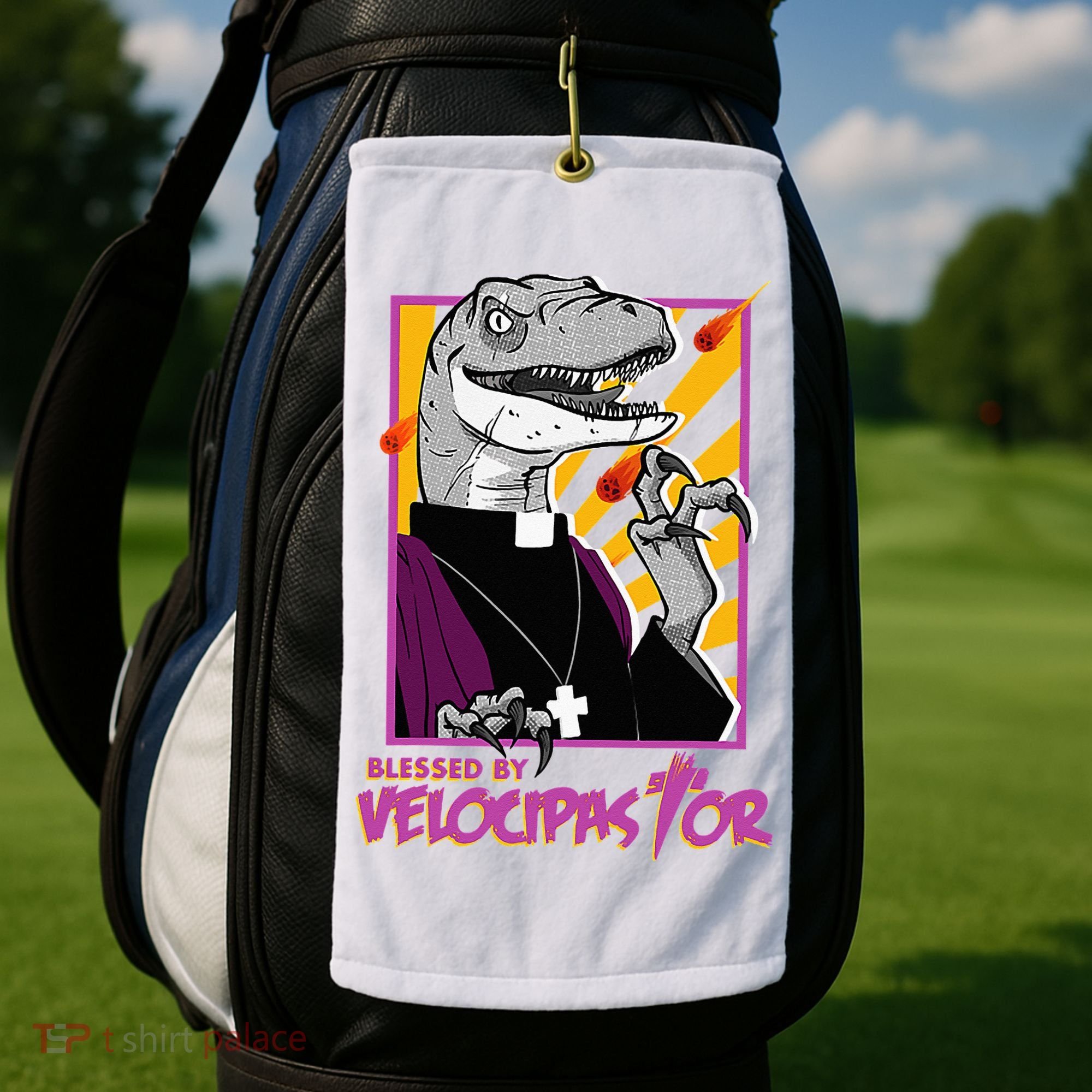 Bless By Velocipastor Cool Dinosaur Parish Priest Golf Towel