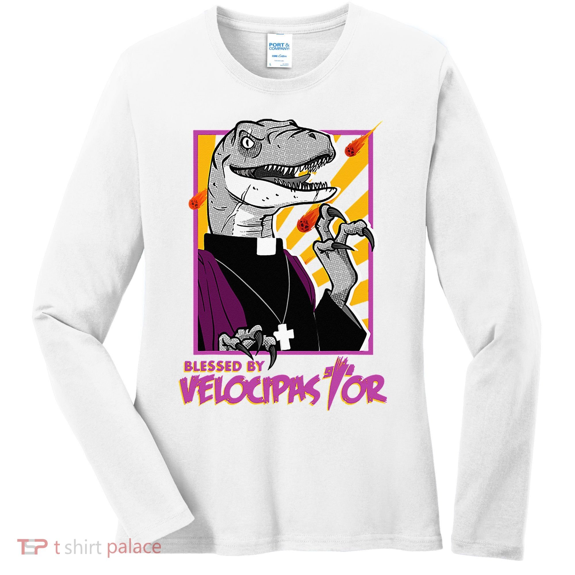 Bless By Velocipastor Cool Dinosaur Parish Priest Women's Long Sleeve Shirt