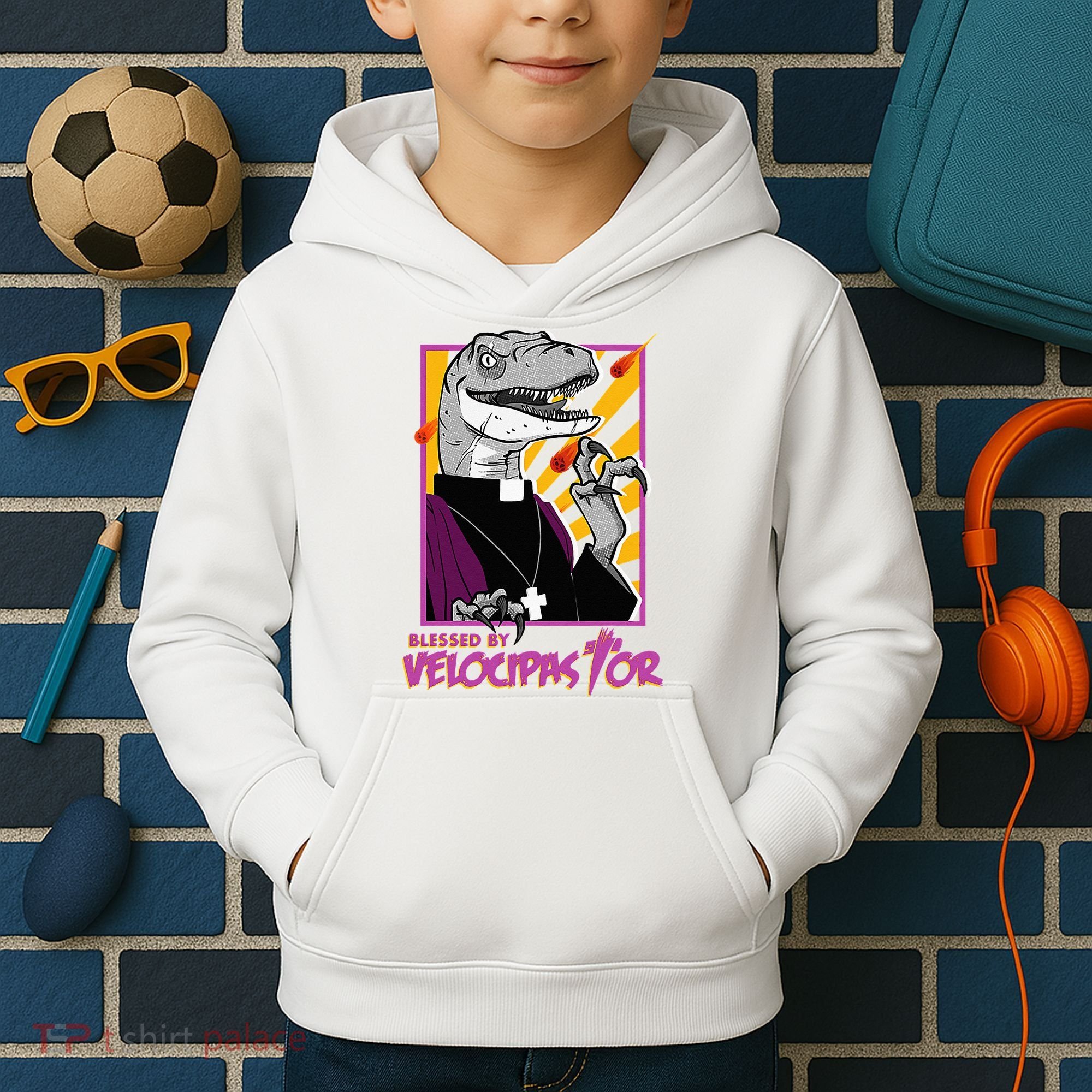 Bless By Velocipastor Cool Dinosaur Parish Priest Kids Hoodie