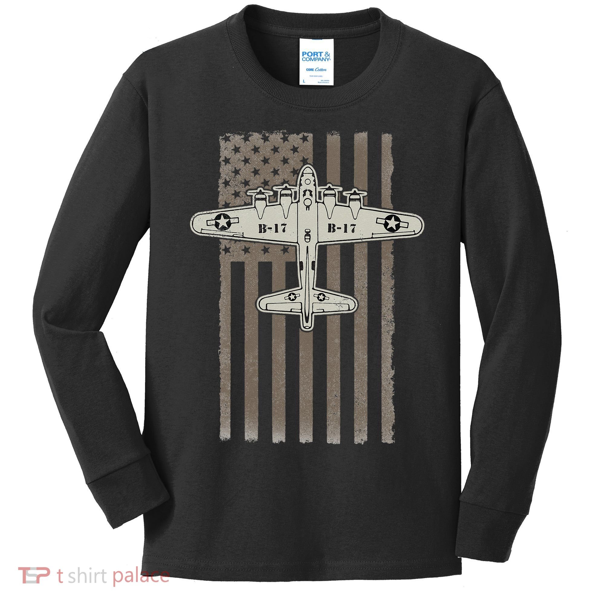 B17 Bomber WW2 Plane Aircraft USA Flag Veteran Pilot Gift Kids Long Sleeve Shirt