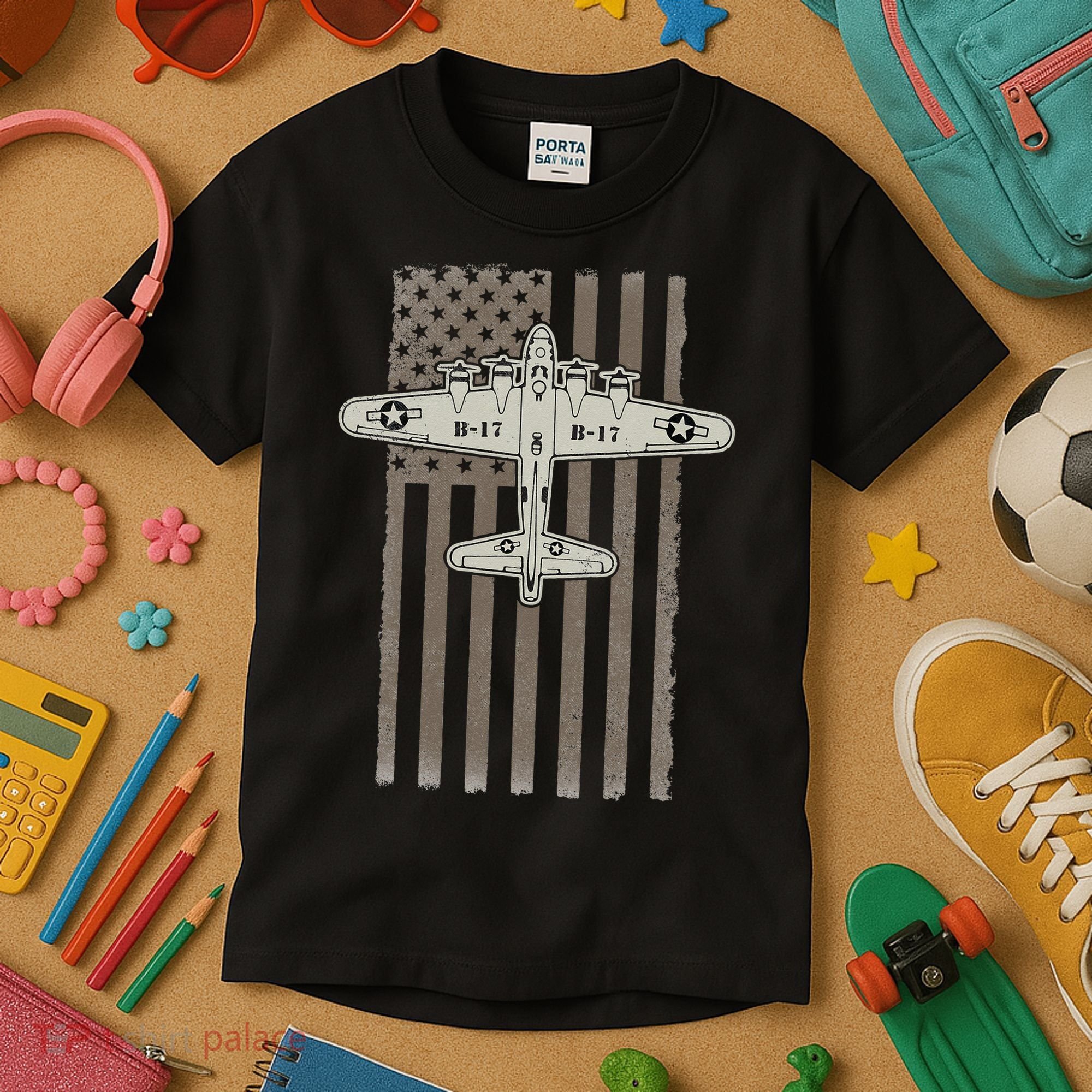 B17 Bomber WW2 Plane Aircraft USA Flag Veteran Pilot Gift Kids T-Shirt