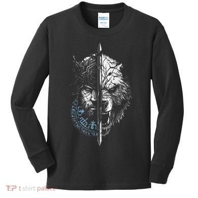 Berserker Bear Warrior Odin Runes Nordic Compass Kids Long Sleeve Shirt