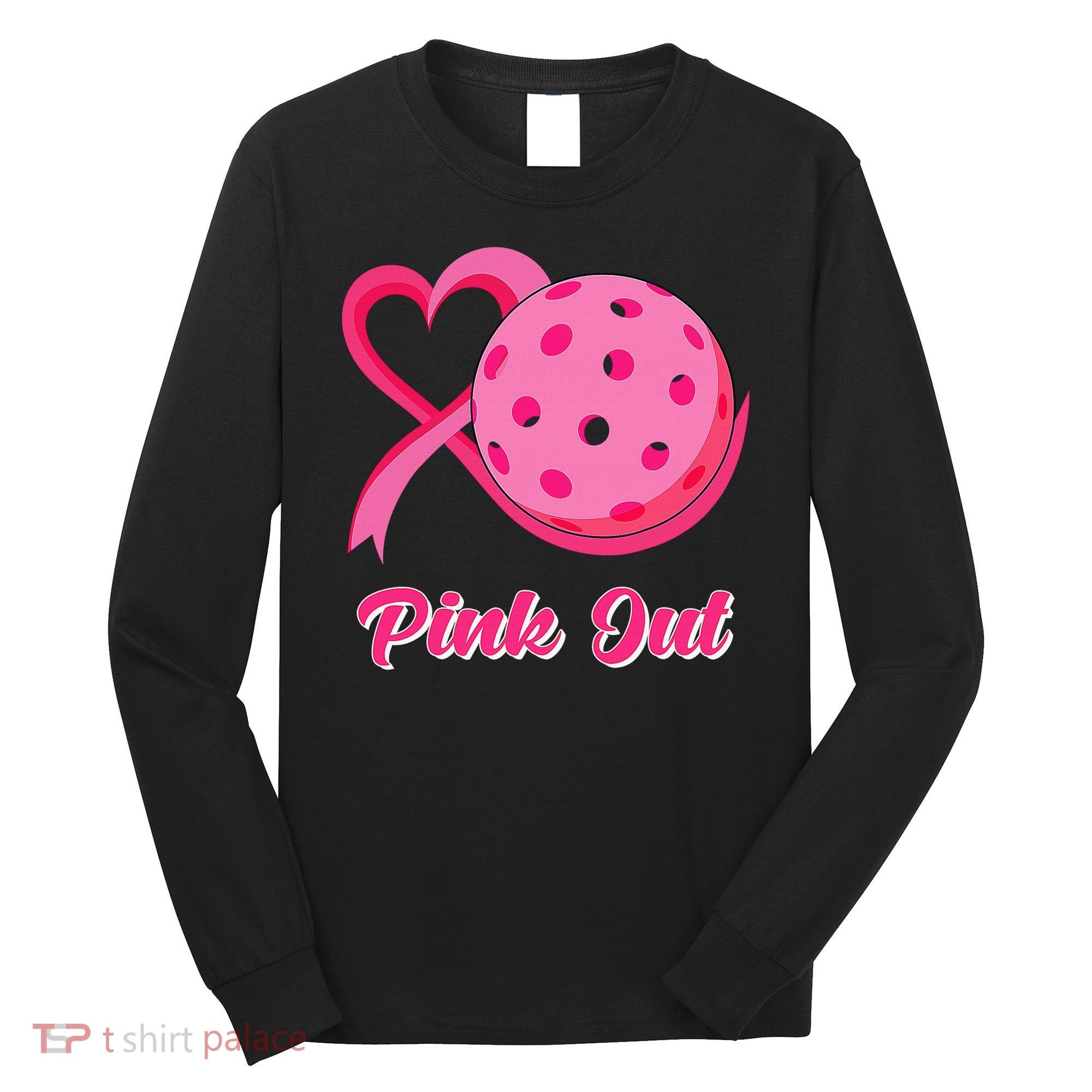 Breast Cancer Awareness Heart Ribbon Pickleball Pink Out Long Sleeve Shirt