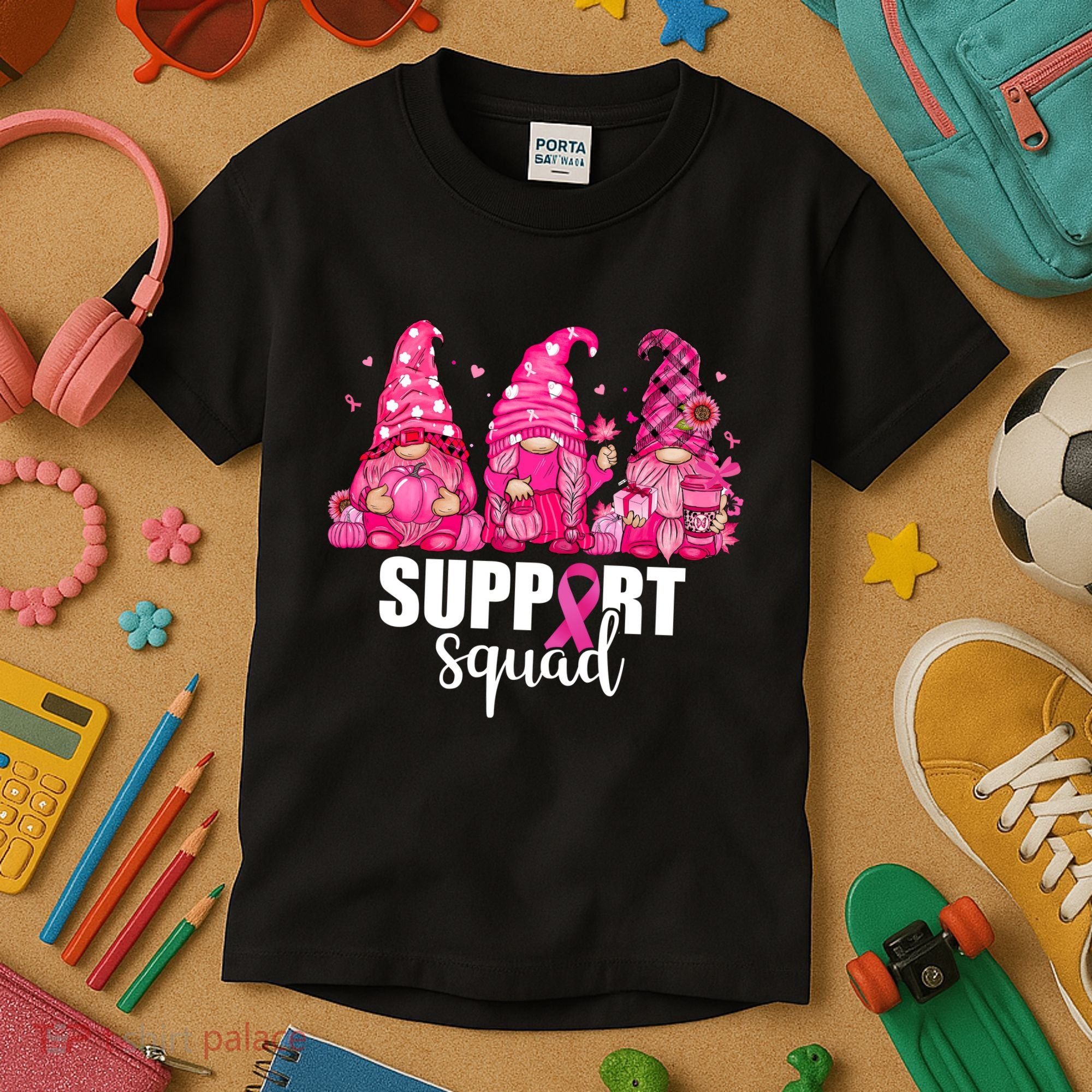 Breast Cancer Awareness Gnomes Support Squad Kids T-Shirt