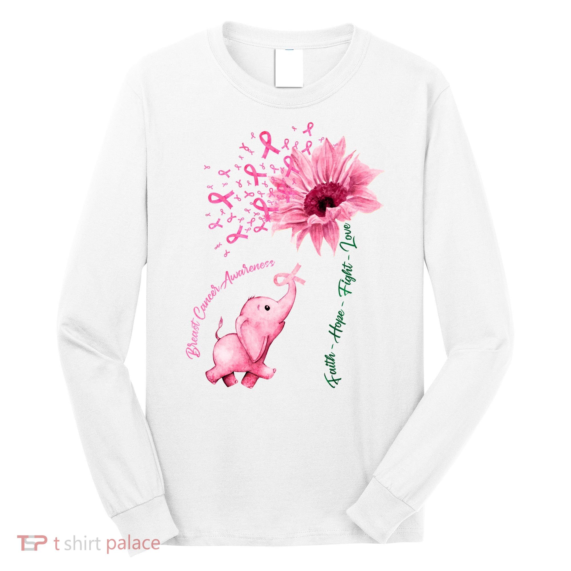 Breast Cancer Awareness Sunflower Elephant Pink Ribbon Long Sleeve Shirt