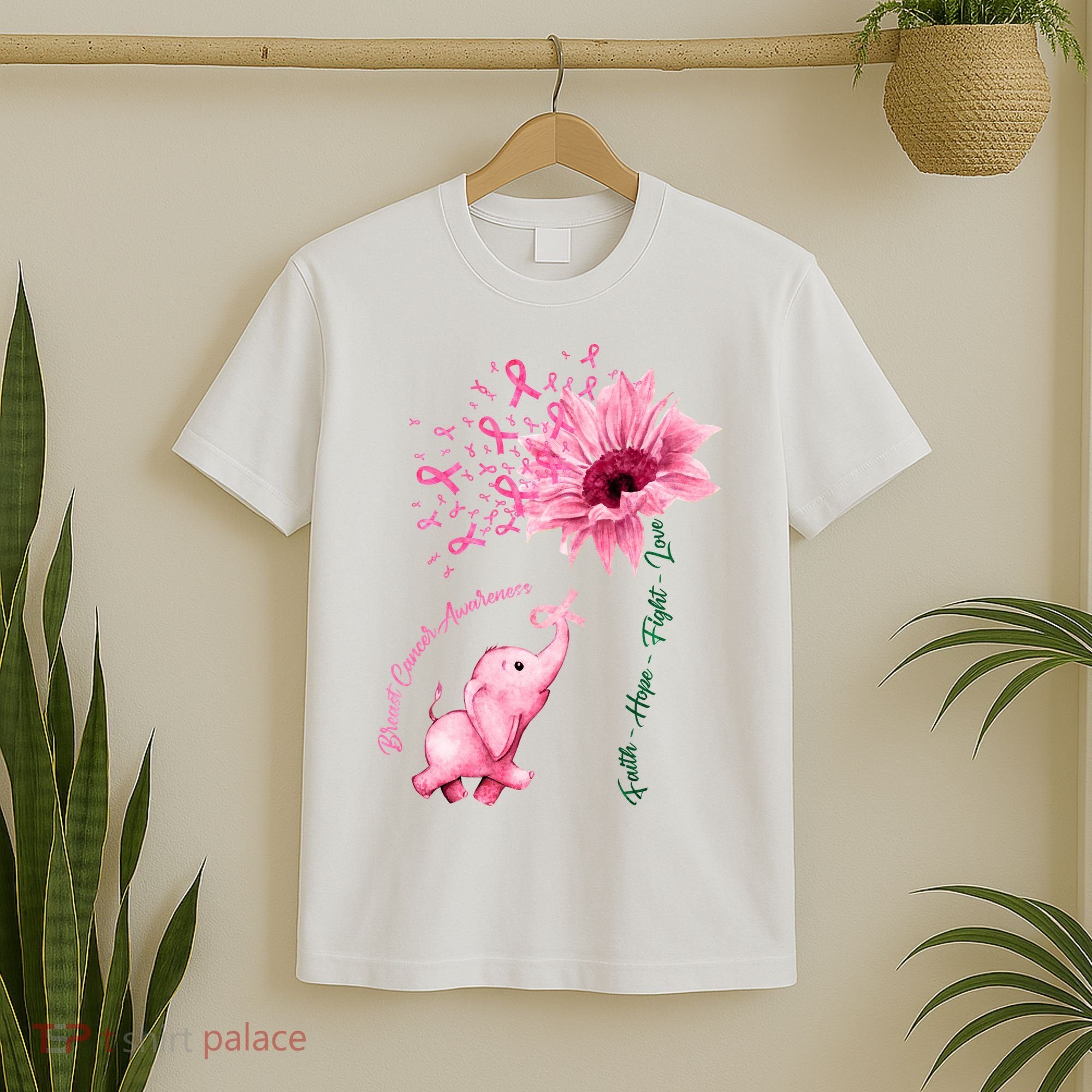 Breast Cancer Awareness Sunflower Elephant Pink Ribbon T-Shirt