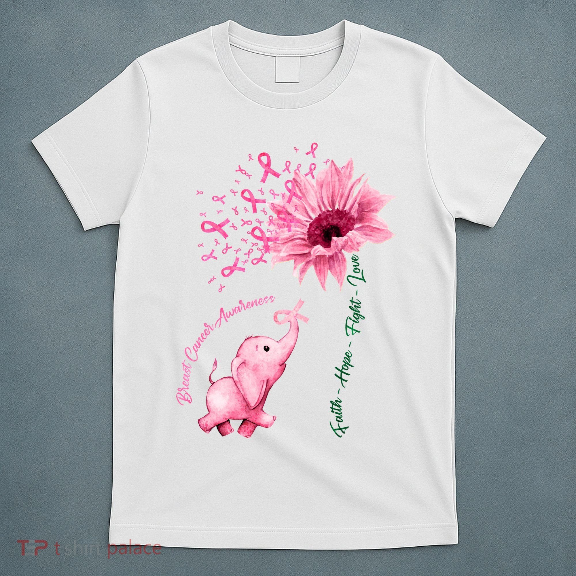 Breast Cancer Awareness Sunflower Elephant Pink Ribbon T-Shirt