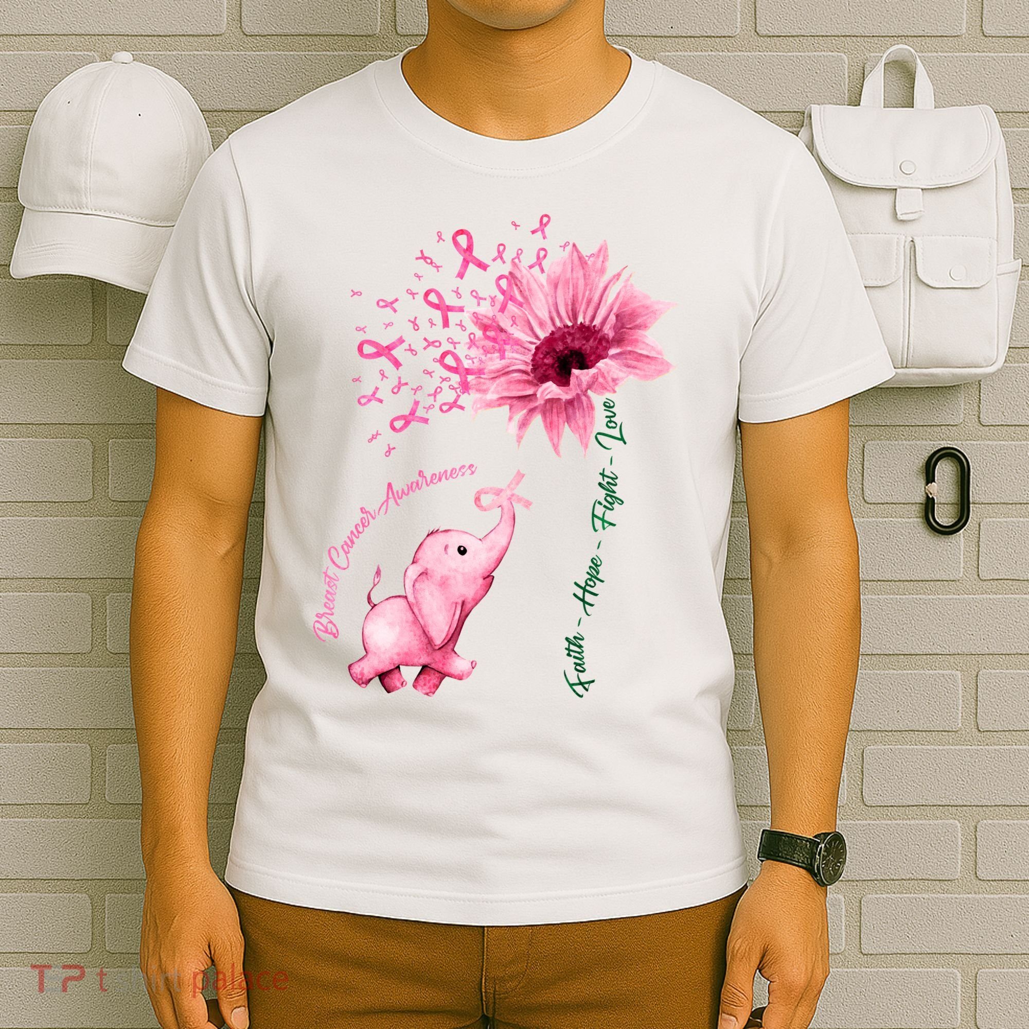 Breast Cancer Awareness Sunflower Elephant Pink Ribbon T-Shirt