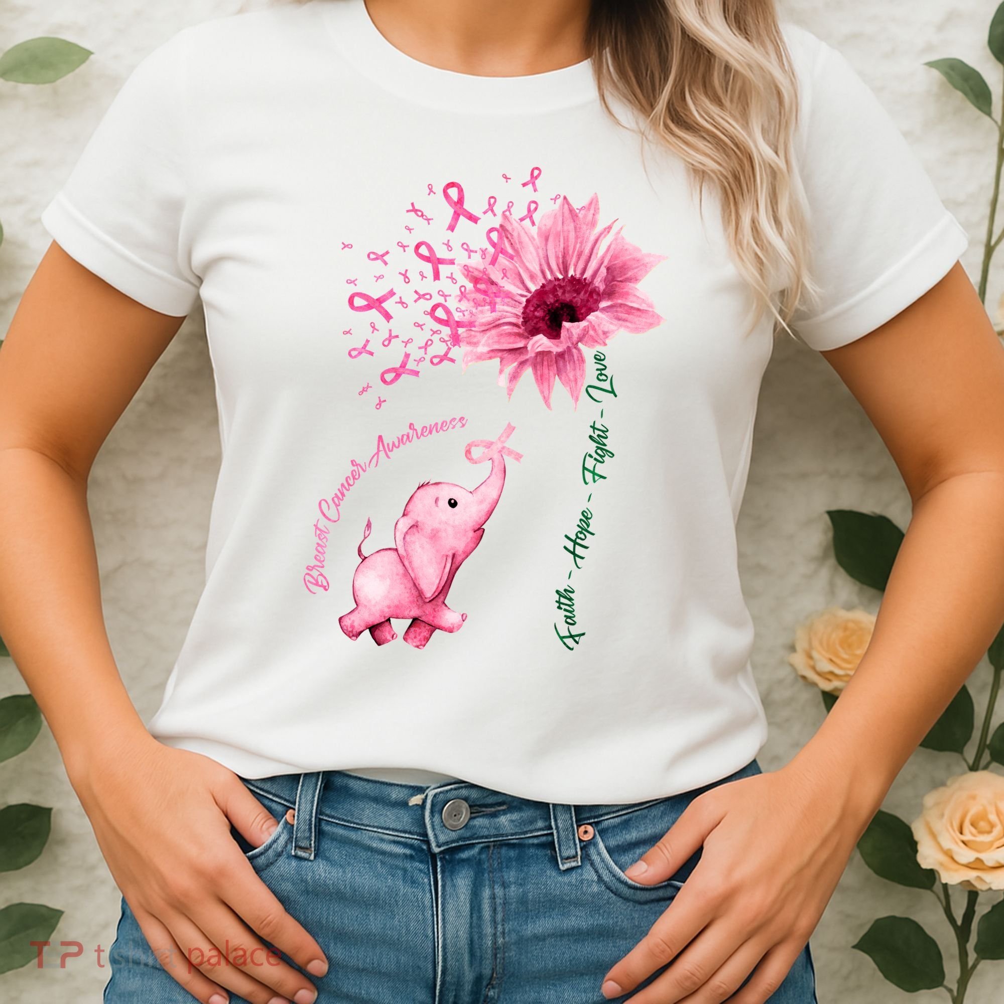 Breast Cancer Awareness Sunflower Elephant Pink Ribbon Women's T-Shirt