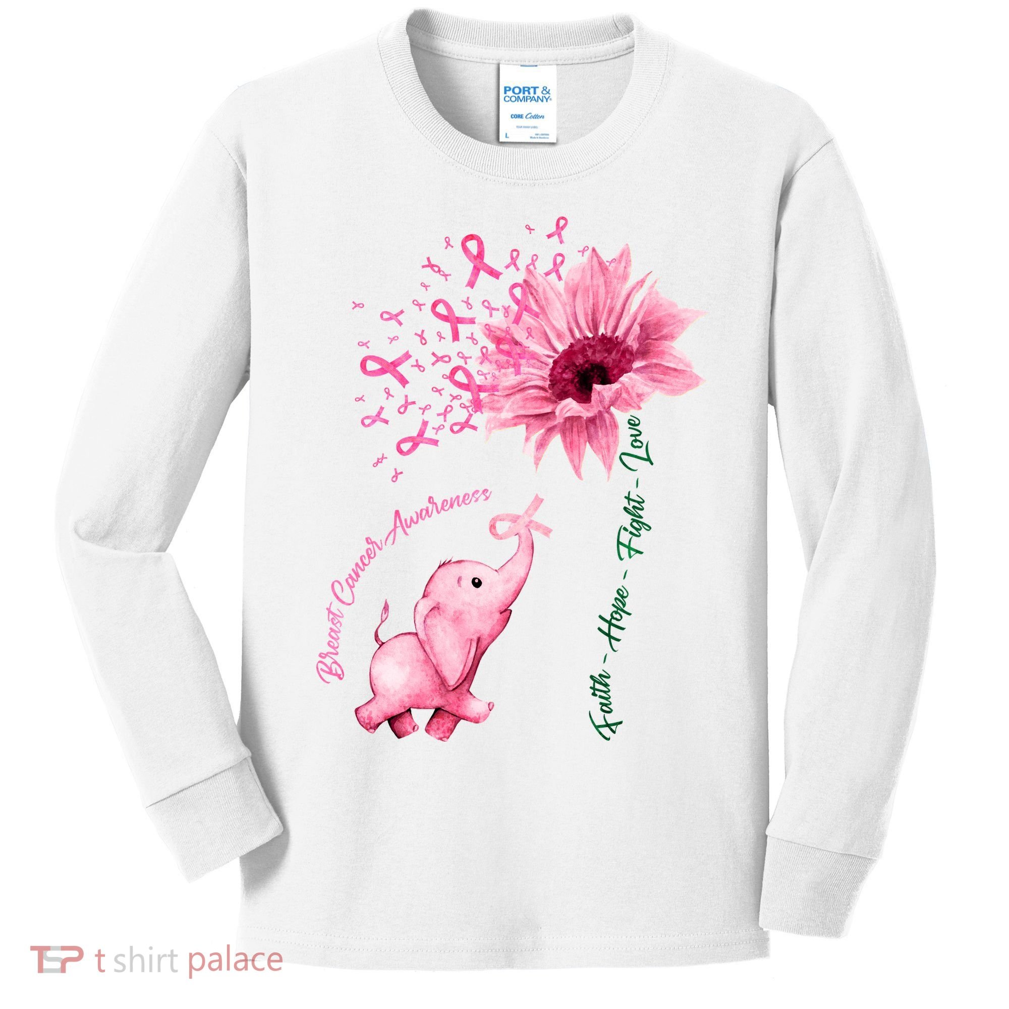 Breast Cancer Awareness Sunflower Elephant Pink Ribbon Kids Long Sleeve Shirt