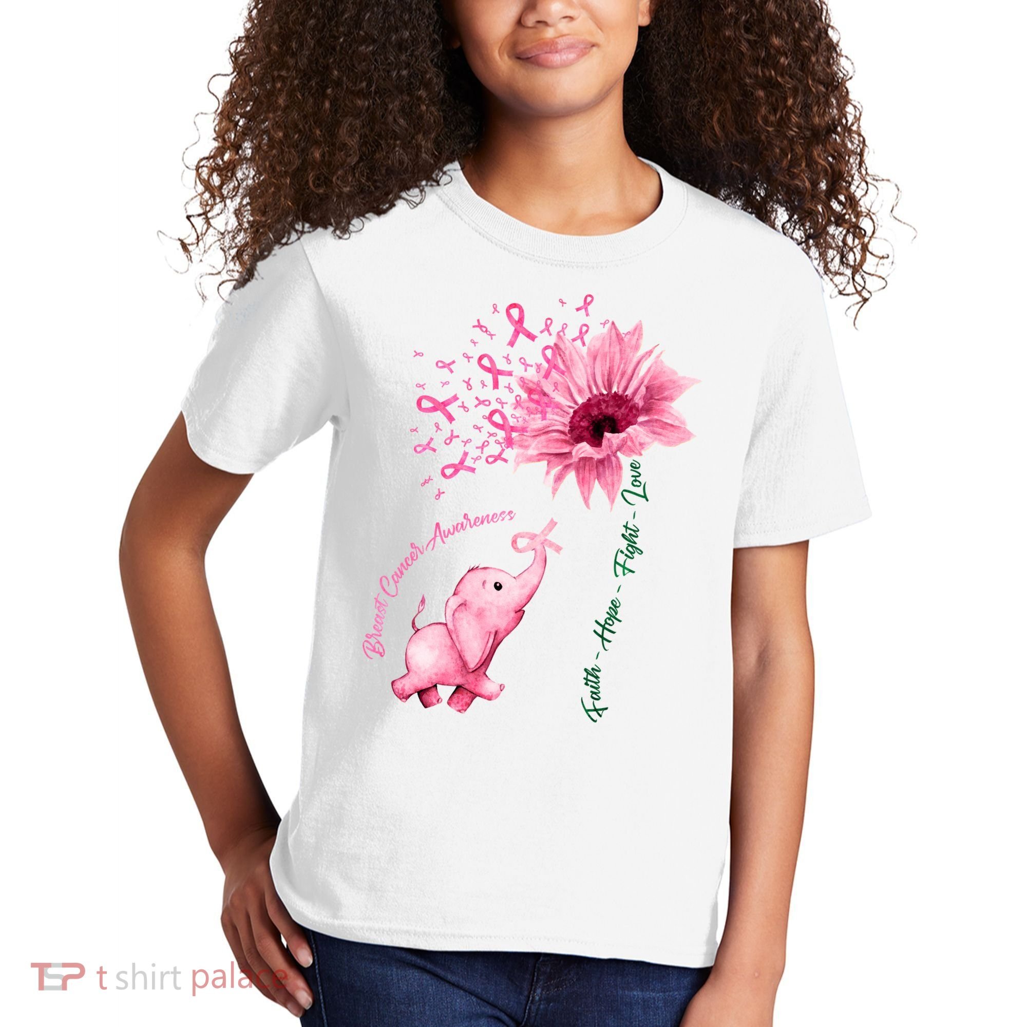 Breast Cancer Awareness Sunflower Elephant Pink Ribbon Kids T-Shirt